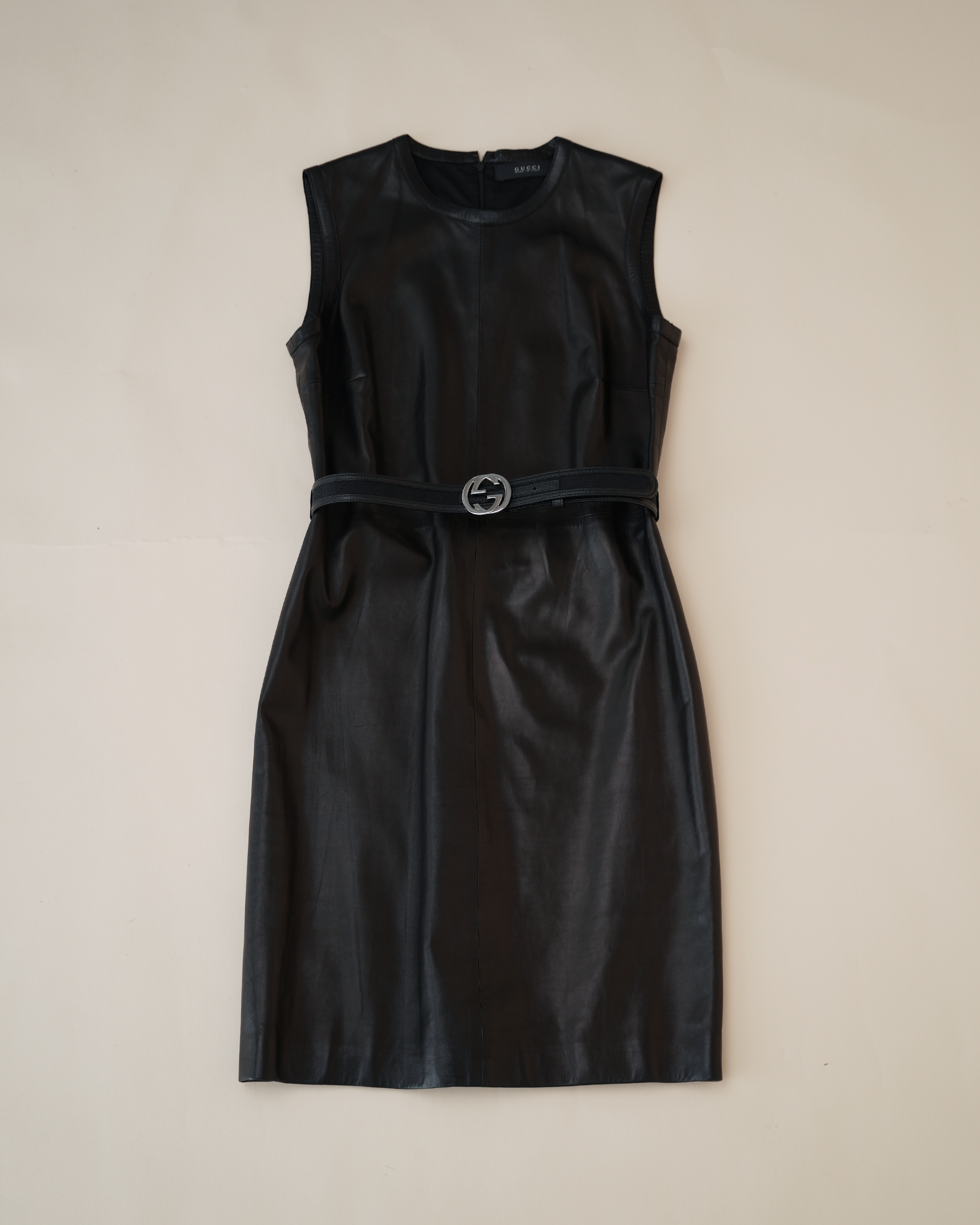 Gucci by Tom Ford Leather Midi Dress & Gucci "Supreme" Belt Set.