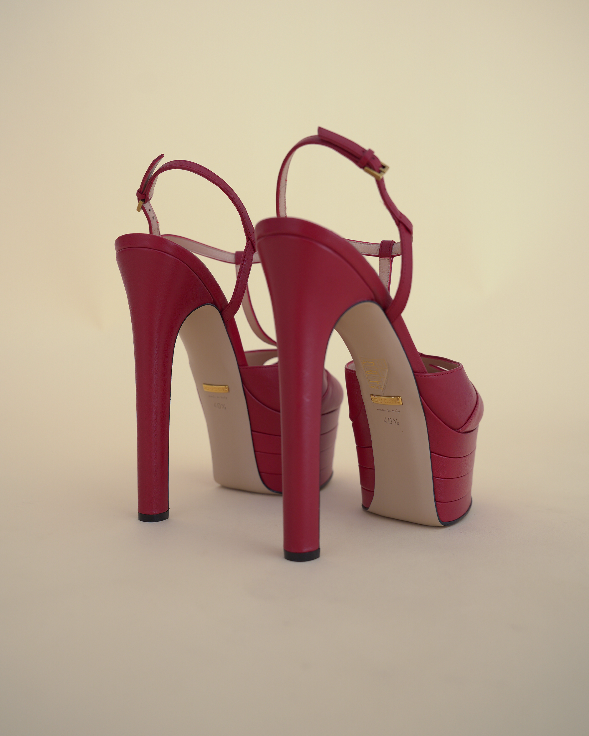 Gucci by Alessandro Michele “Angel” Leather T-Strap Platform Pumps.