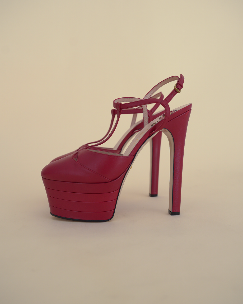 Gucci by Alessandro Michele “Angel” Leather T-Strap Platform Pumps.