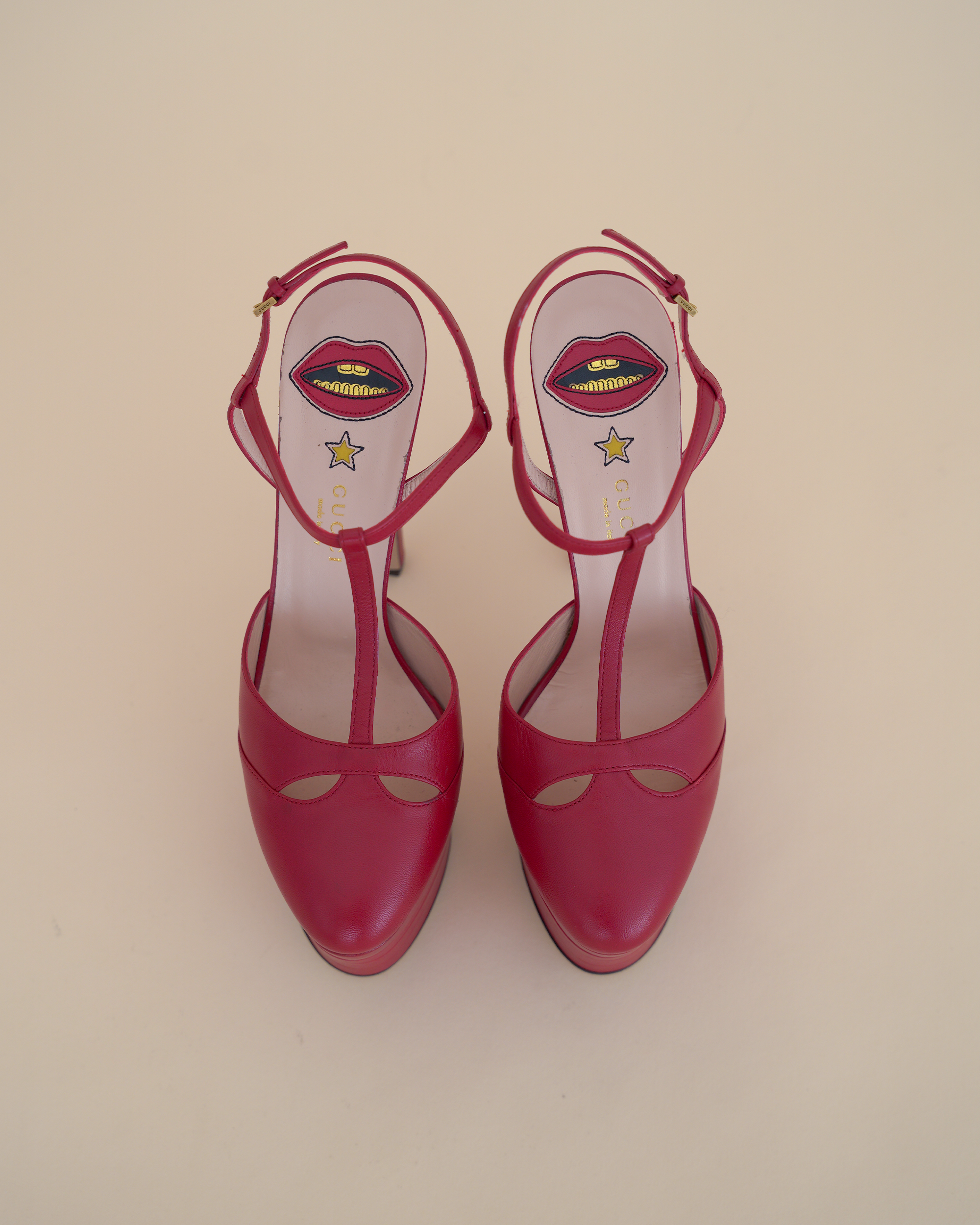 Gucci by Alessandro Michele “Angel” Leather T-Strap Platform Pumps.