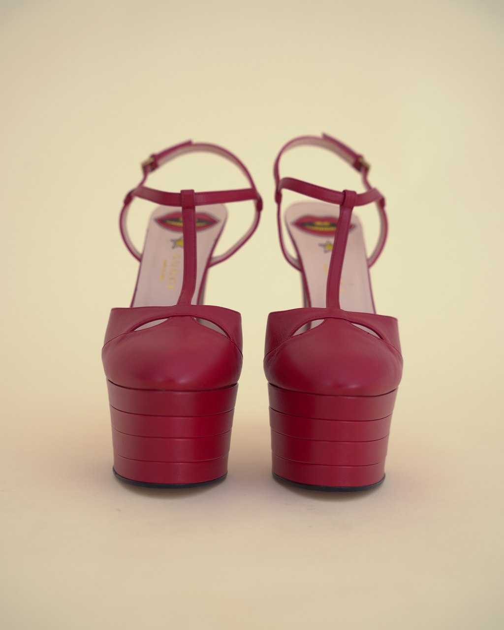 Gucci by Alessandro Michele “Angel” Leather T-Strap Platform Pumps.