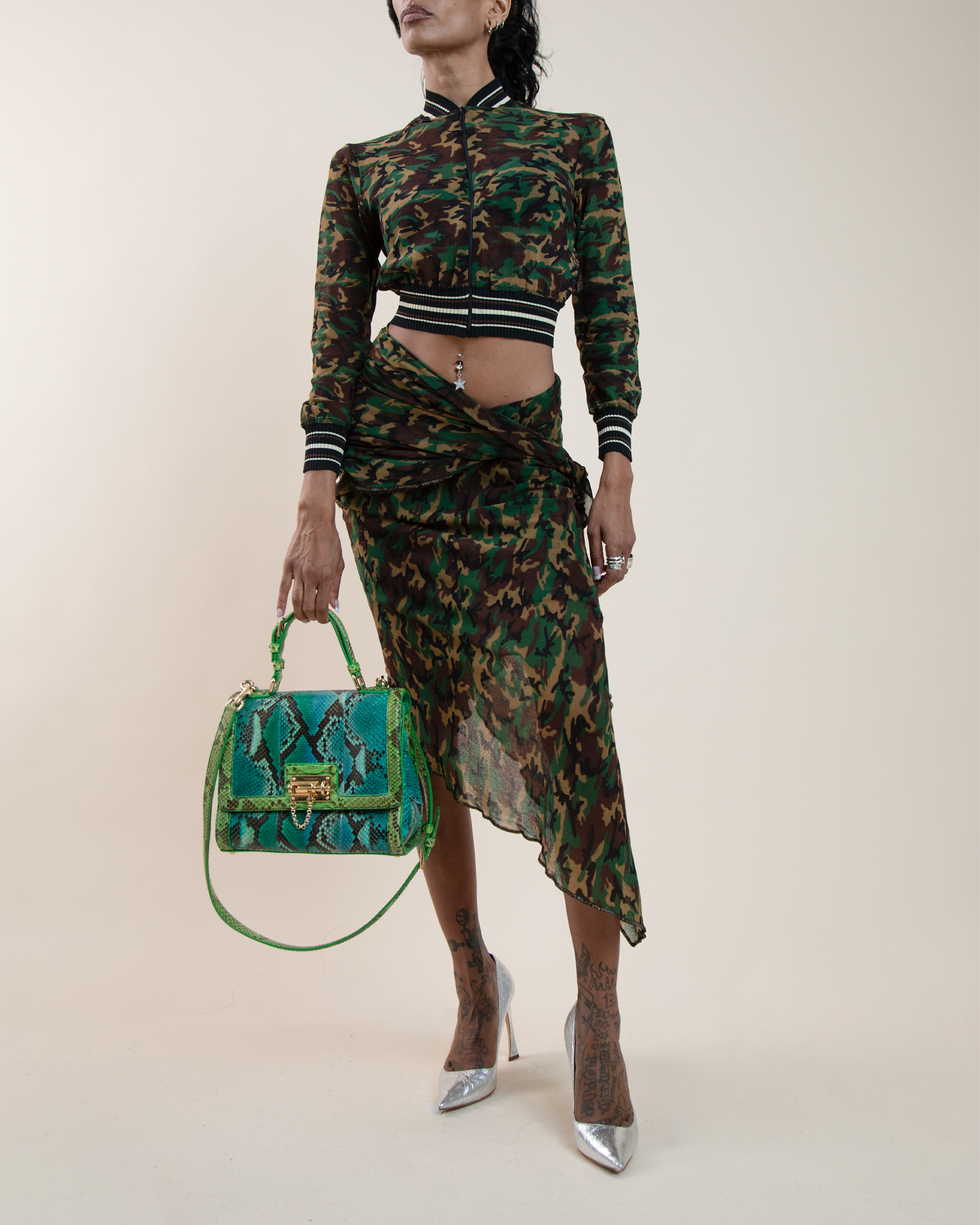 Jean Paul Gaultier Maille Sheer Mesh Camo Bomber & Wrap Sarong Set