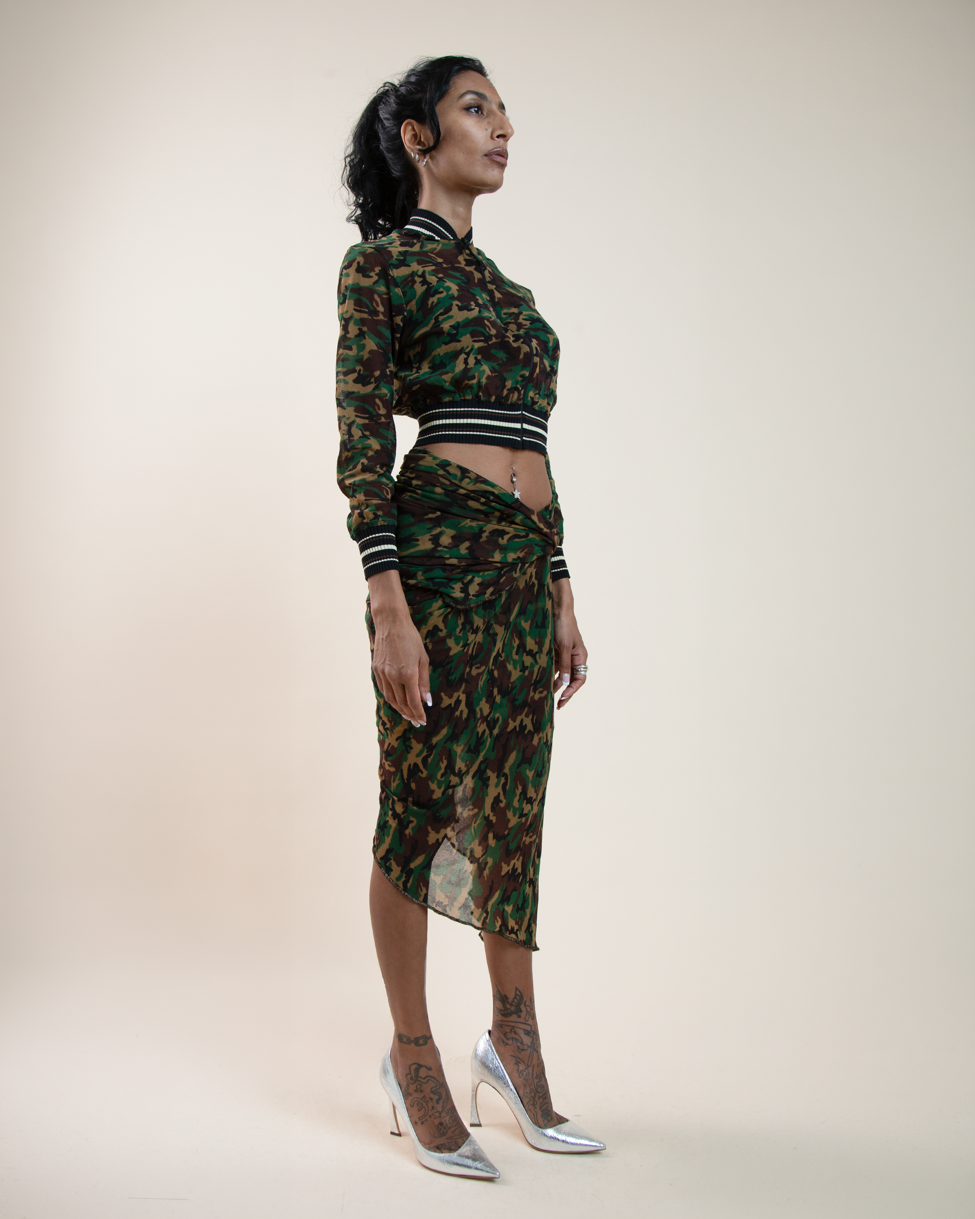 Jean Paul Gaultier Maille Sheer Mesh Camo Bomber & Wrap Sarong Set