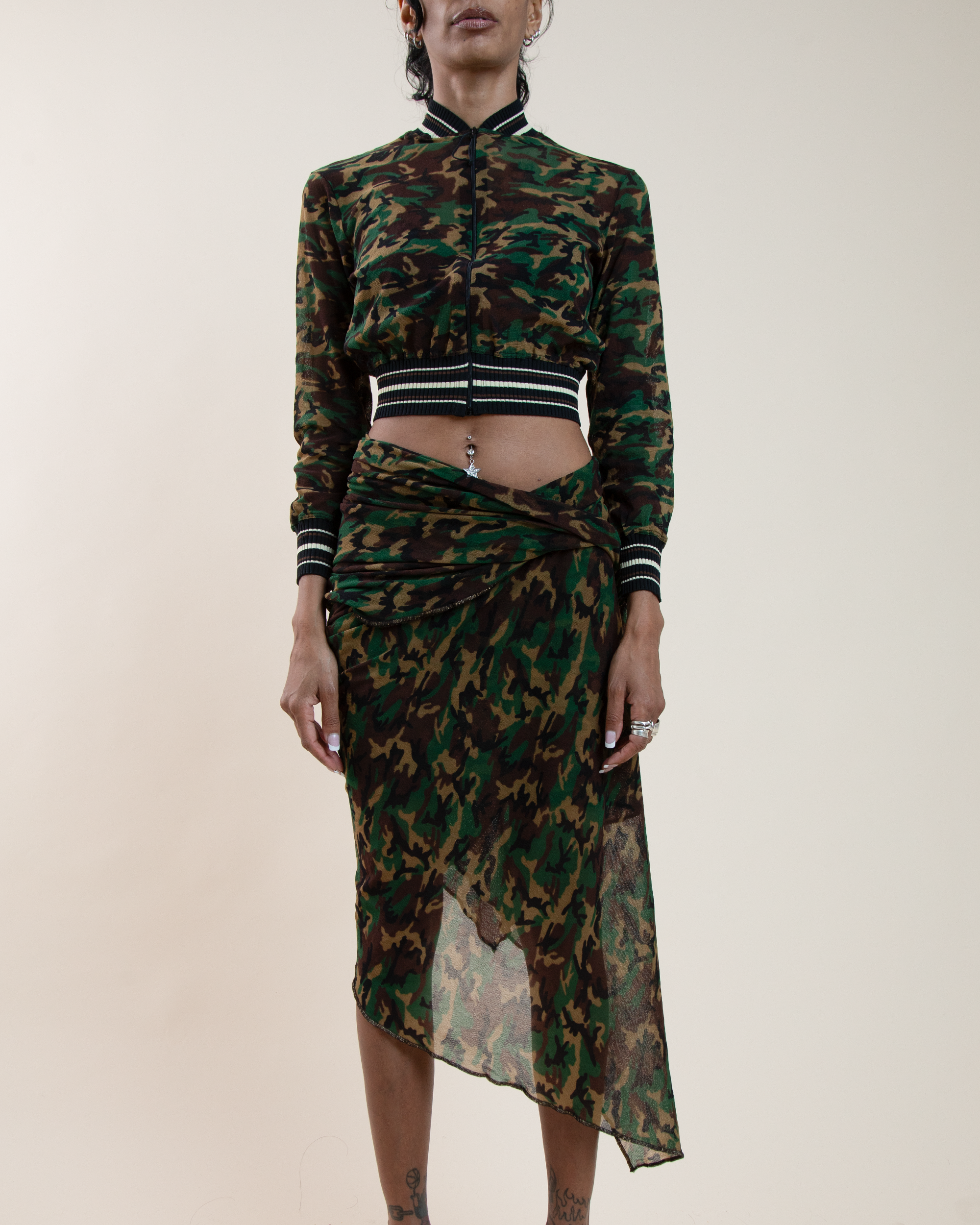 Jean Paul Gaultier Maille Sheer Mesh Camo Bomber & Wrap Sarong Set