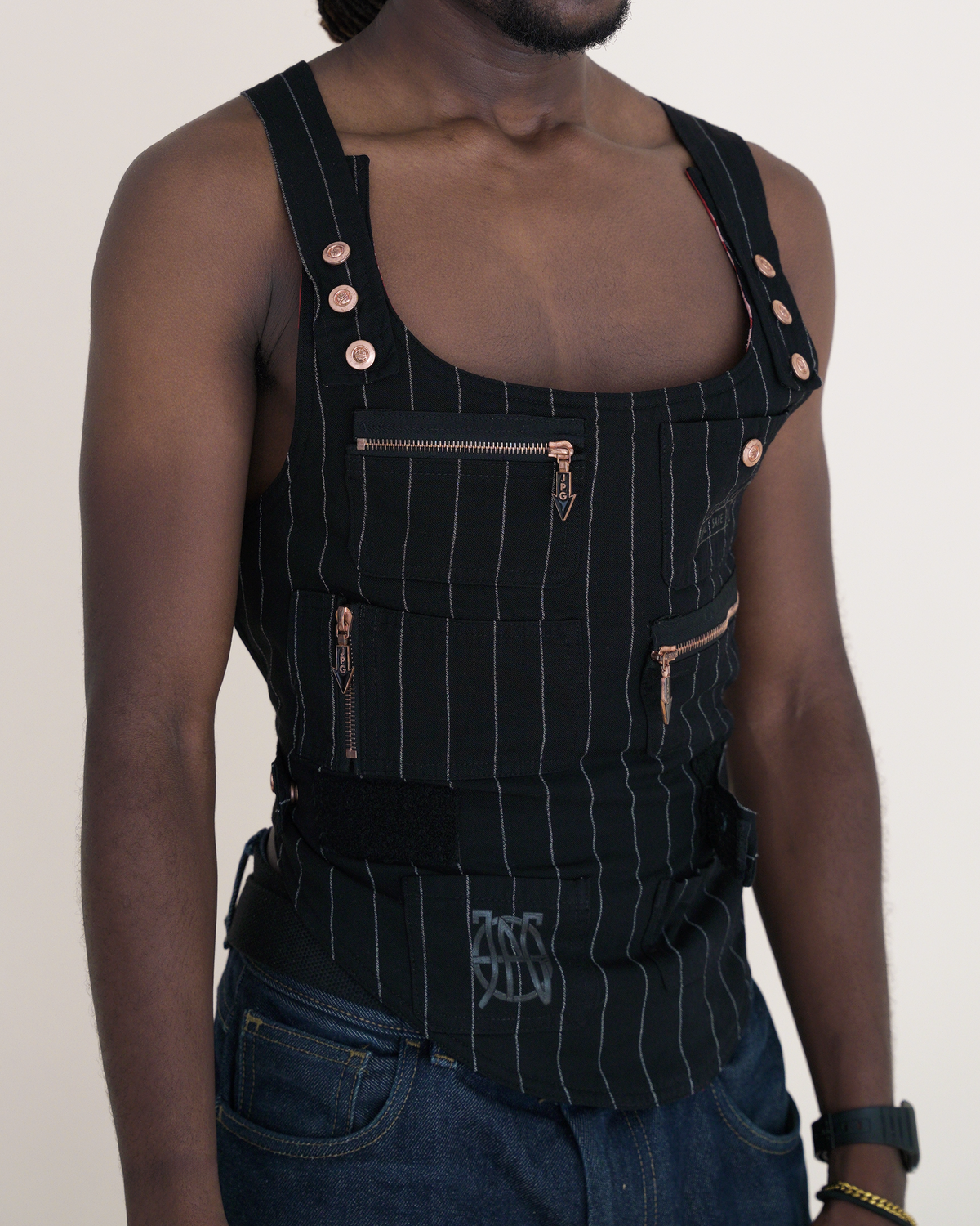 Jean Paul Gaultier Backless Pinstripe Chest Plate Vest