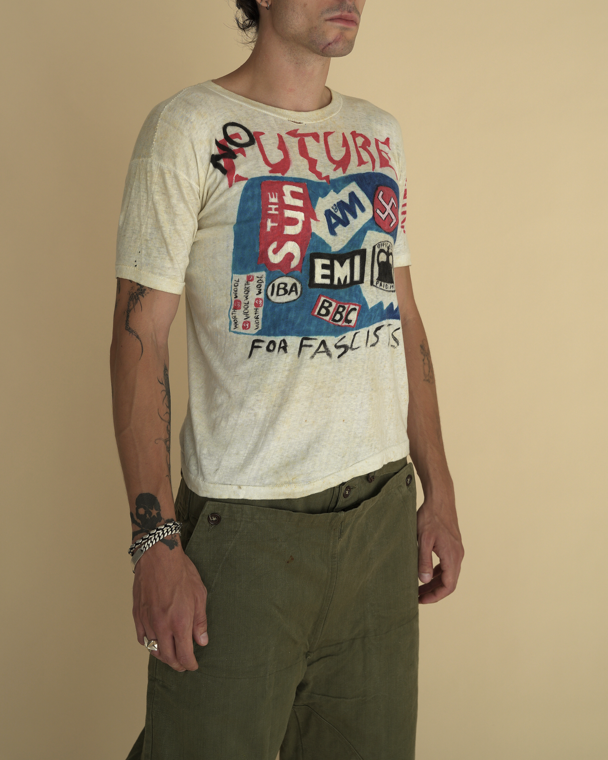Vintage 1977 Sex Pistols Anti-Facist Hand-Painted Protest T-Shirt