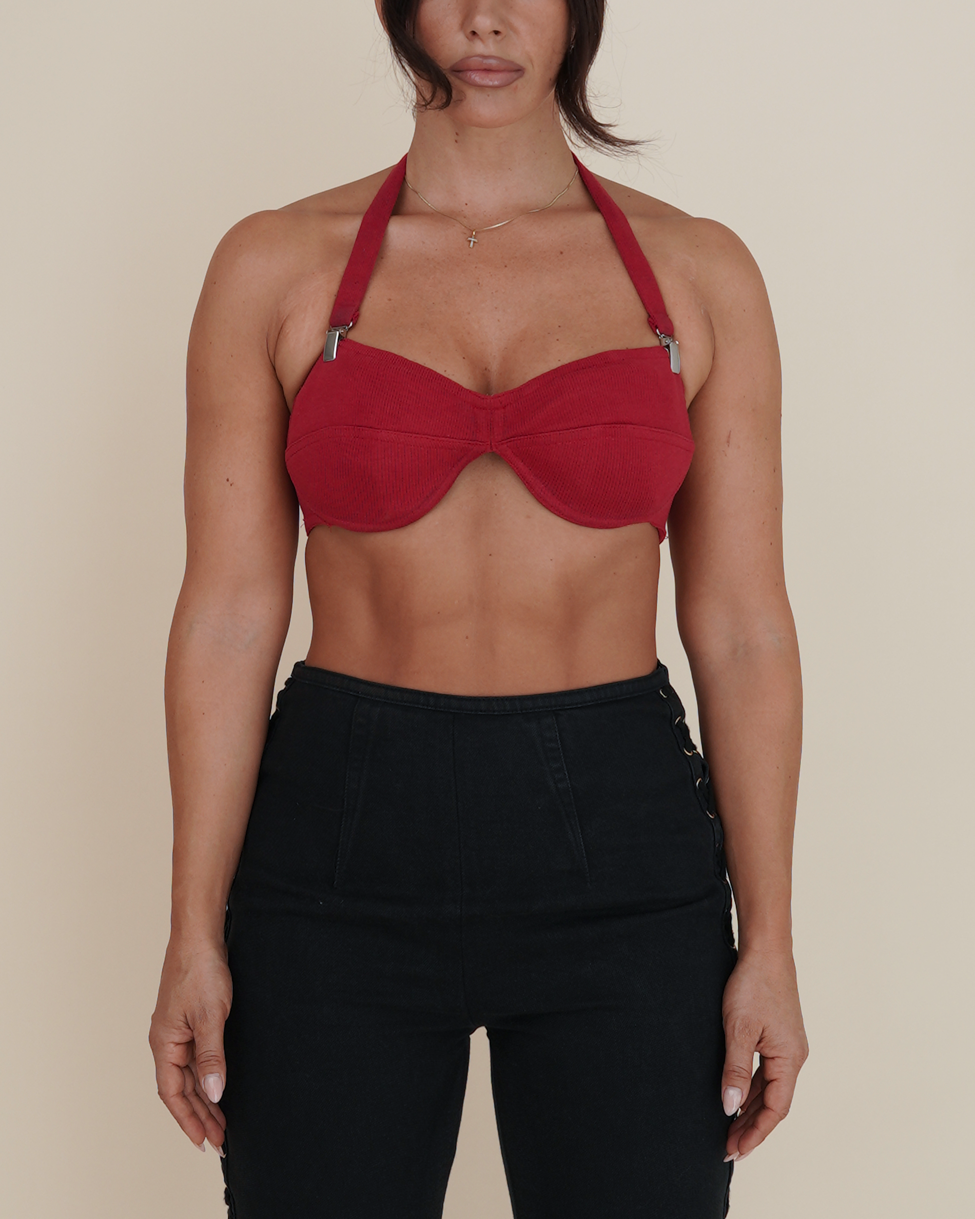 Jean Paul Gaultier Corset-Laced Jeans & Buckle Halter-Bra Pairing