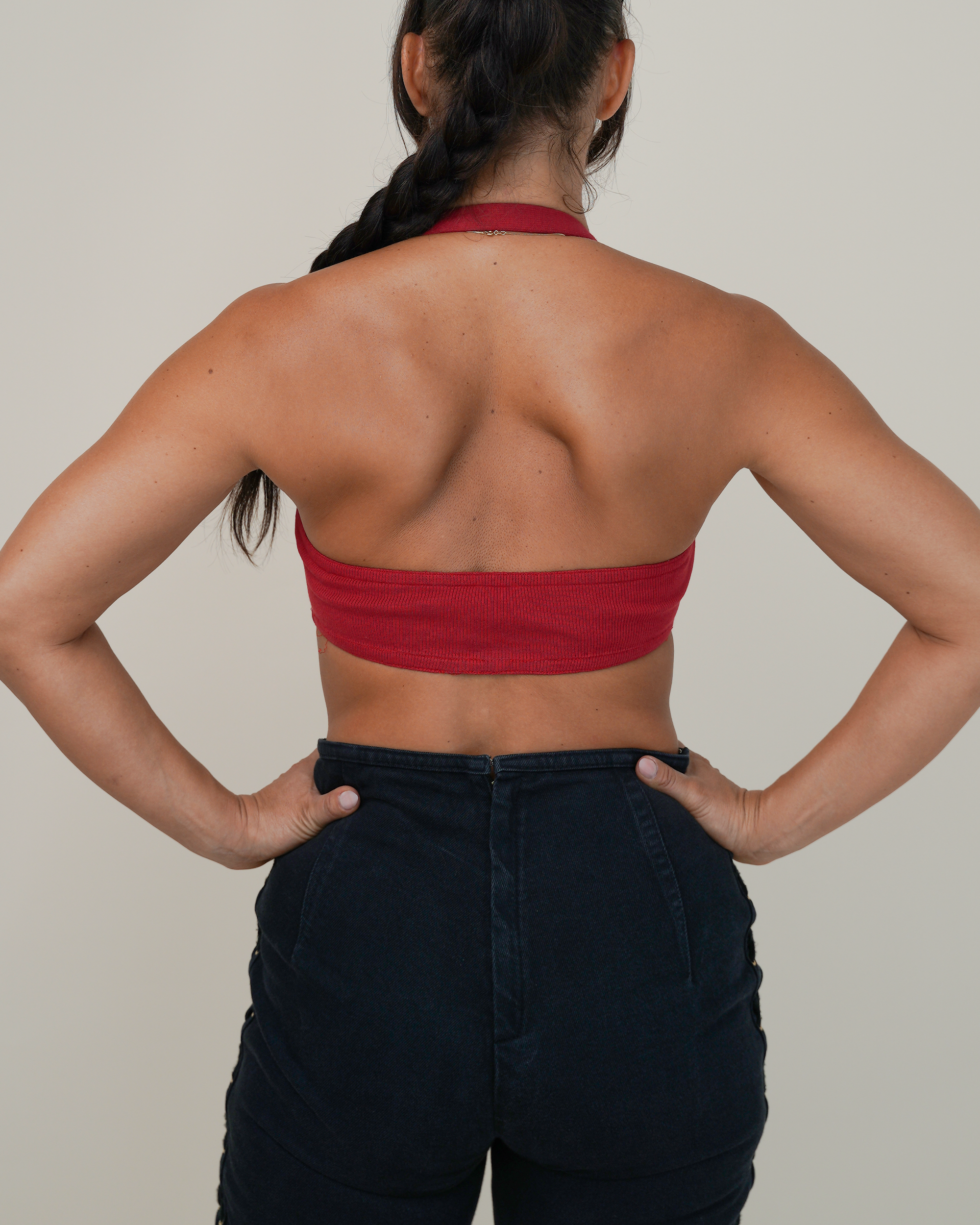 Jean Paul Gaultier Corset-Laced Jeans & Buckle Halter-Bra Pairing