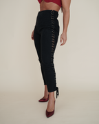 Jean Paul Gaultier Corset-Laced Jeans & Buckle Halter-Bra Pairing