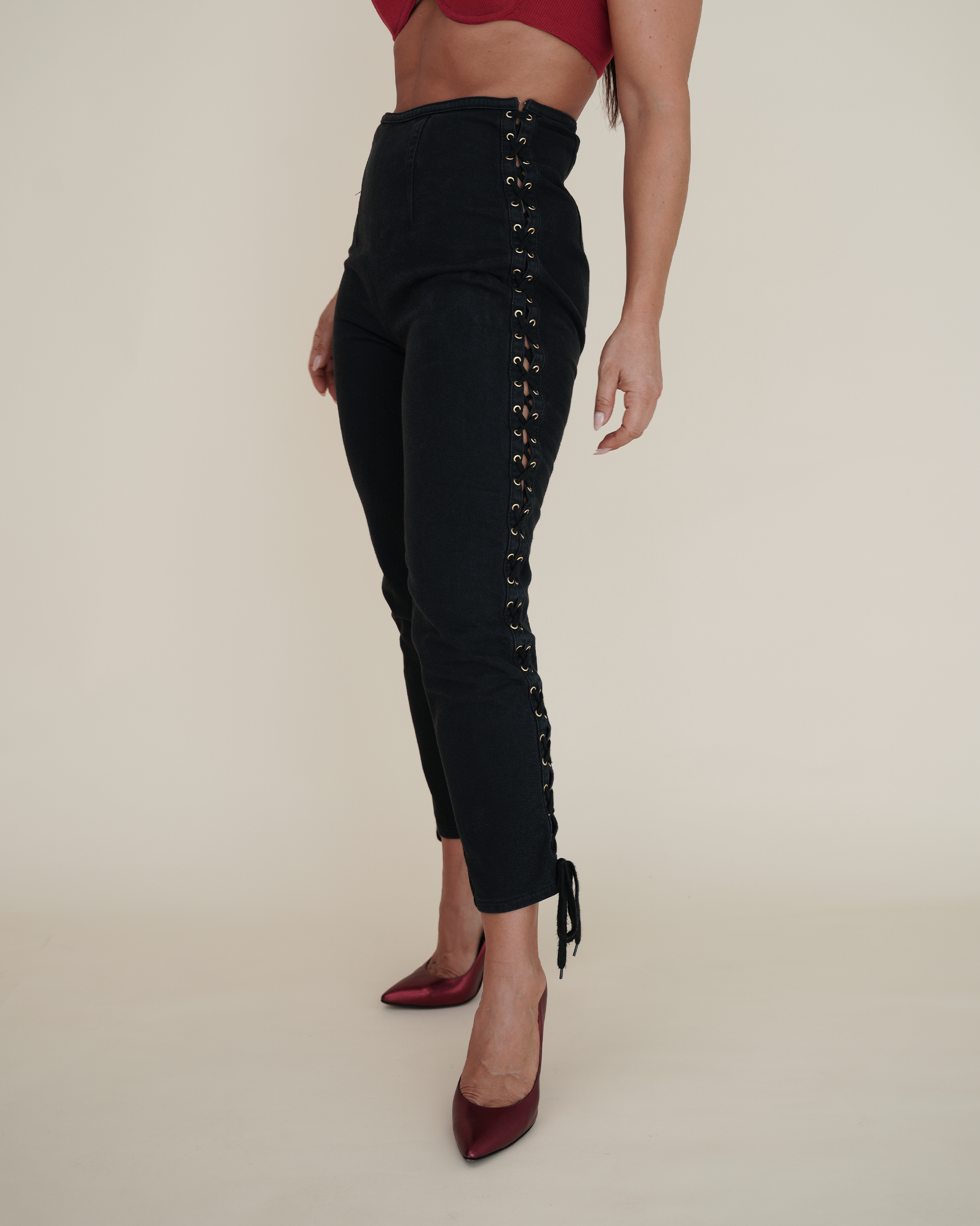 Jean Paul Gaultier Corset-Laced Jeans & Buckle Halter-Bra Pairing