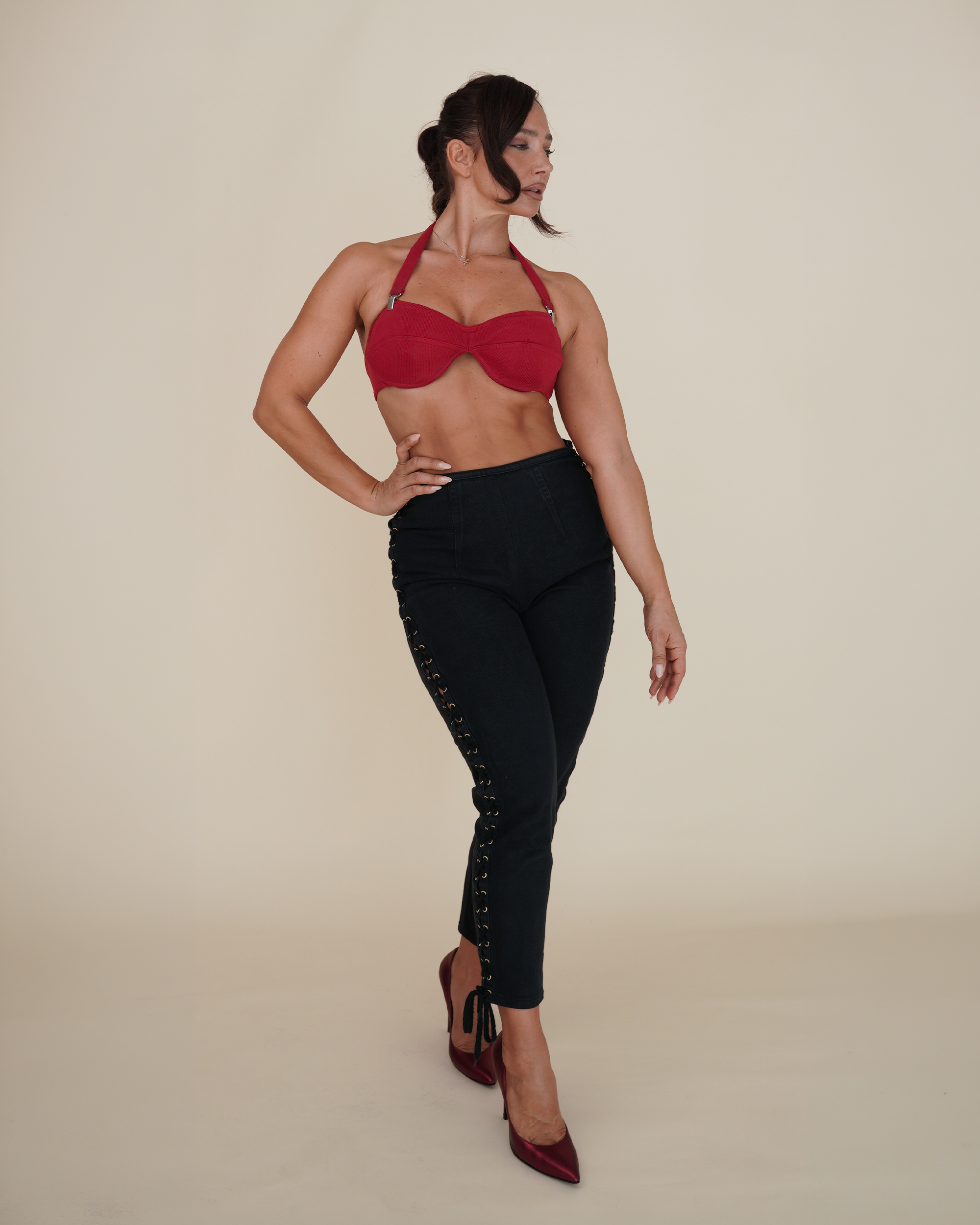 Jean Paul Gaultier Corset-Laced Jeans & Buckle Halter-Bra Pairing