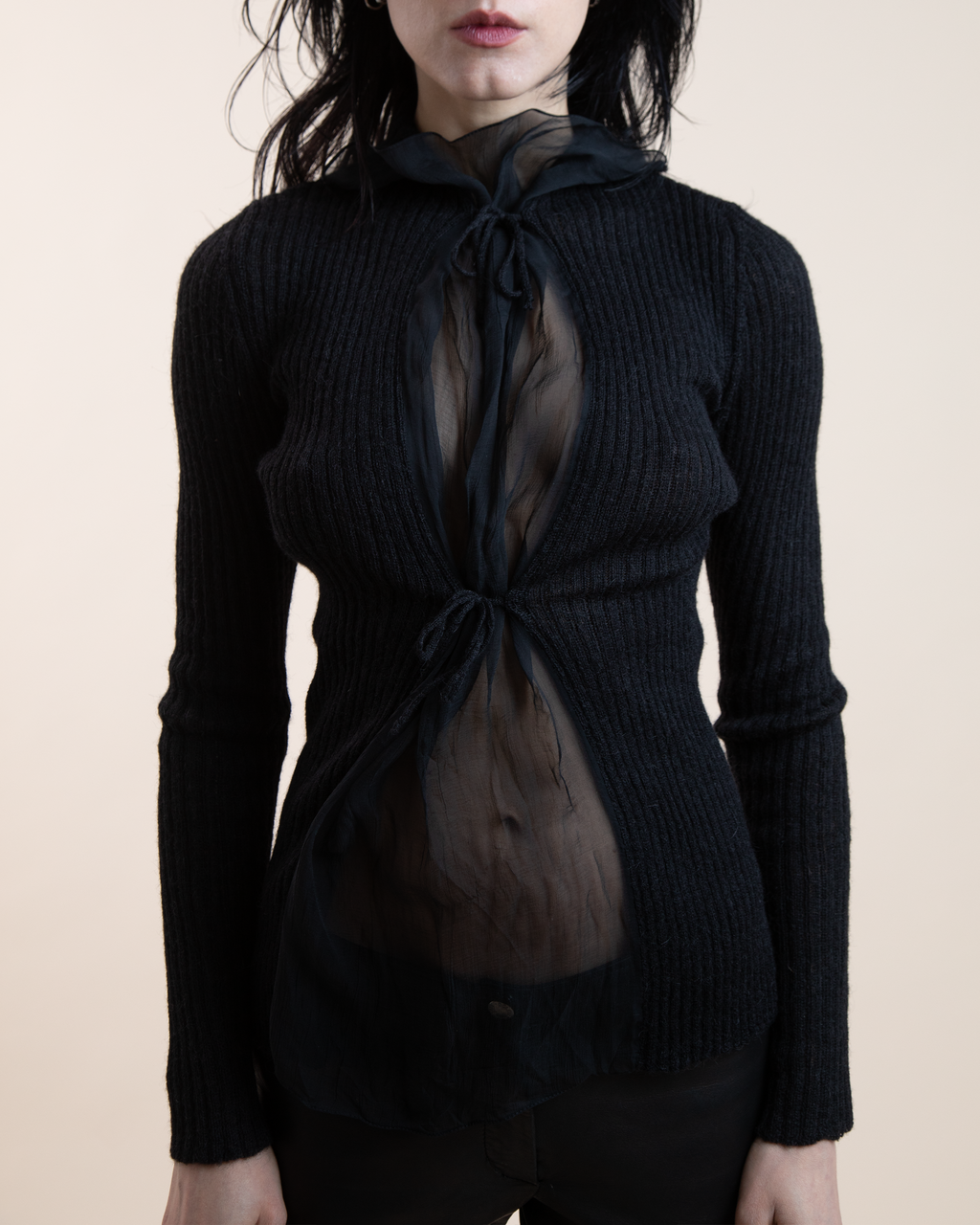 Archival Jean Paul Gaultier Y2K Chiffon-Panelled Ribbed-Knit Top