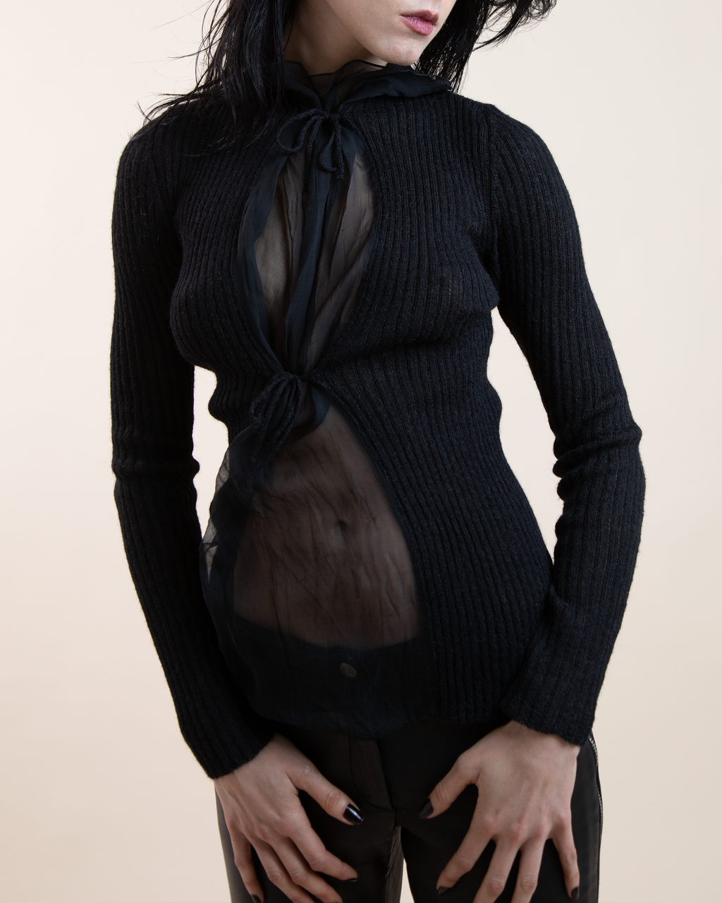 Archival Jean Paul Gaultier Y2K Chiffon-Panelled Ribbed-Knit Top