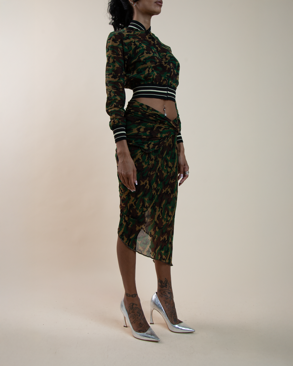 Jean Paul Gaultier Maille Sheer Mesh Camo Bomber & Wrap Sarong Set