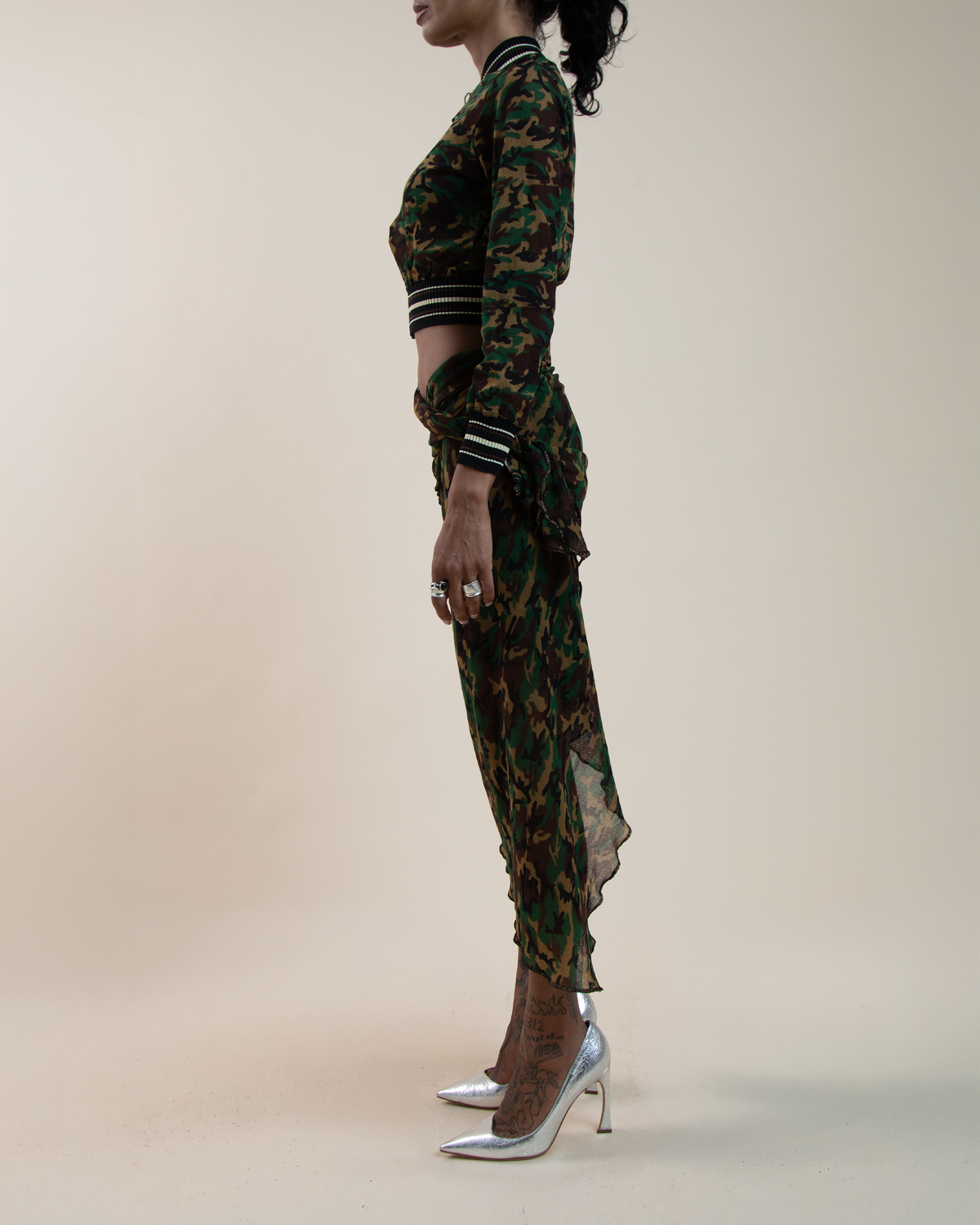 Jean Paul Gaultier Maille Sheer Mesh Camo Bomber & Wrap Sarong Set