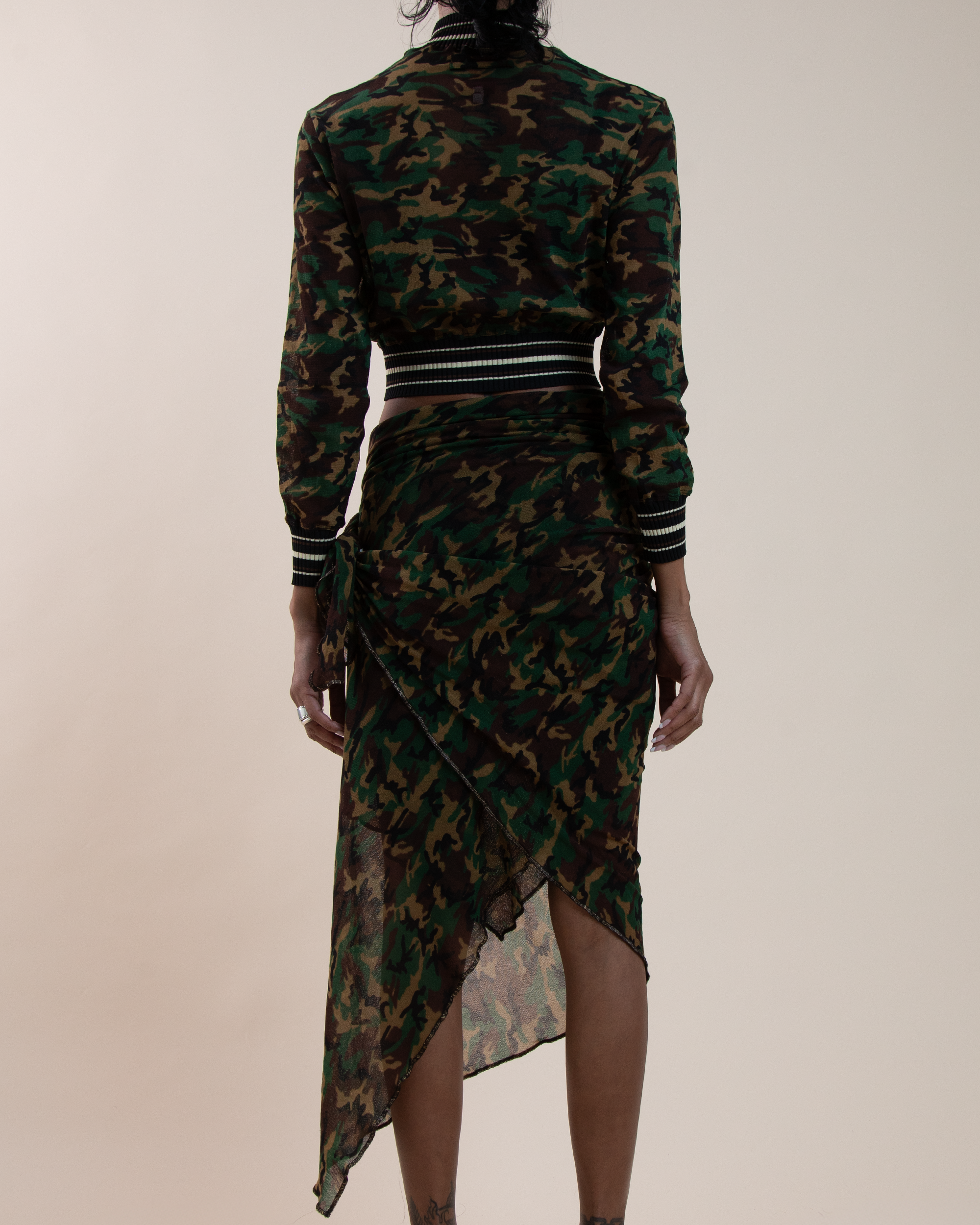 Jean Paul Gaultier Maille sheer mesh camo bomber & wrap sarong set