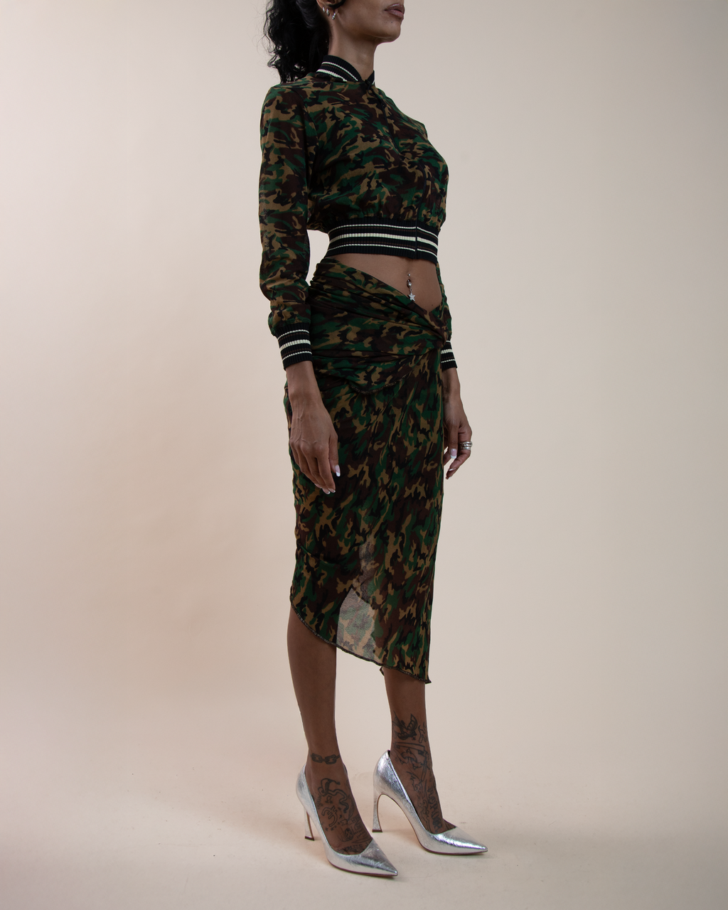 Jean Paul Gaultier Maille sheer mesh camo bomber & wrap sarong set