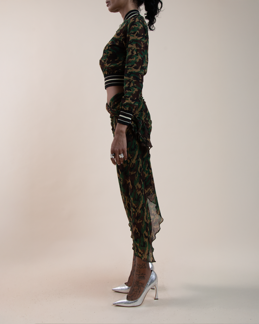 Jean Paul Gaultier Maille sheer mesh camo bomber & wrap sarong set