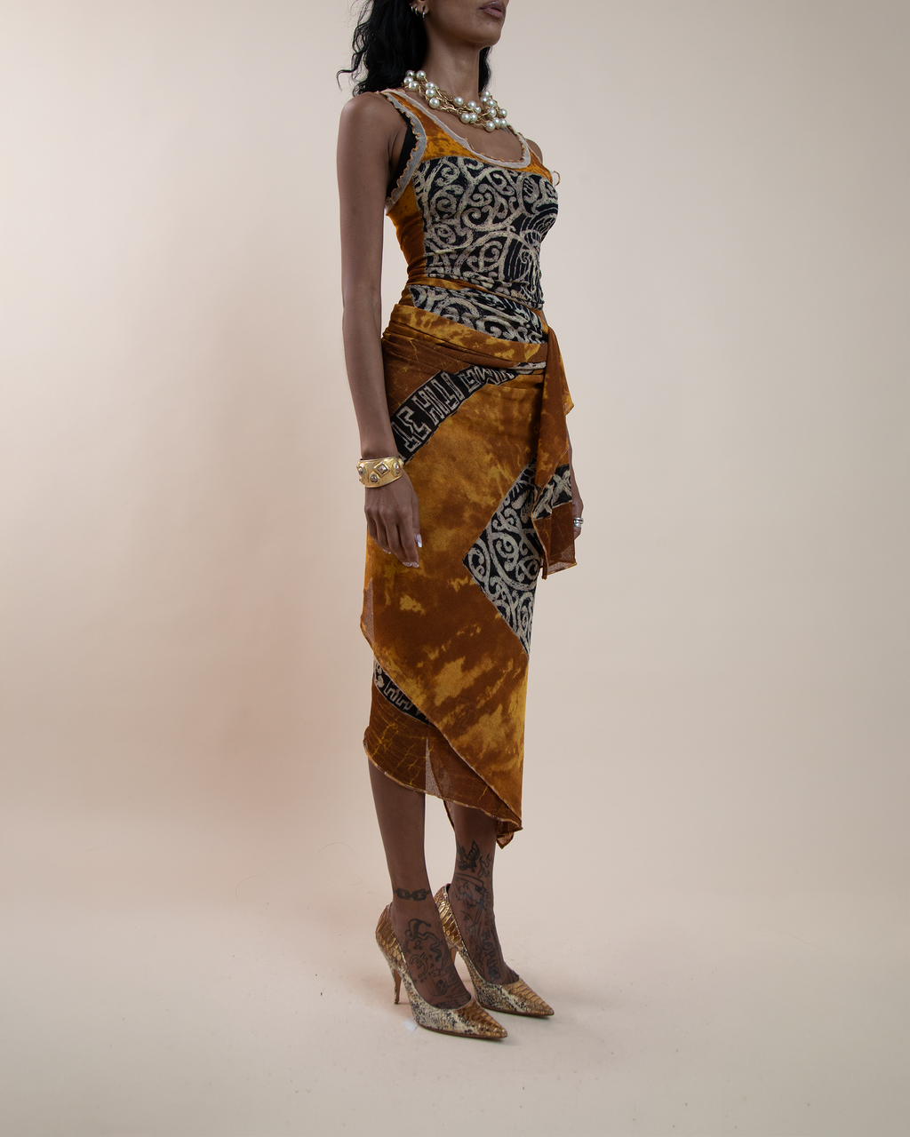Jean Paul Gaultier Maille "Les Tatouages" oceanic tattoo tank & sarong set
