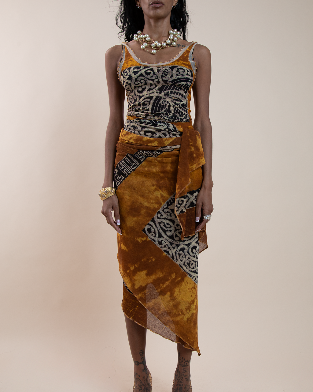 Jean Paul Gaultier Maille "Les Tatouages" oceanic tattoo tank & sarong set