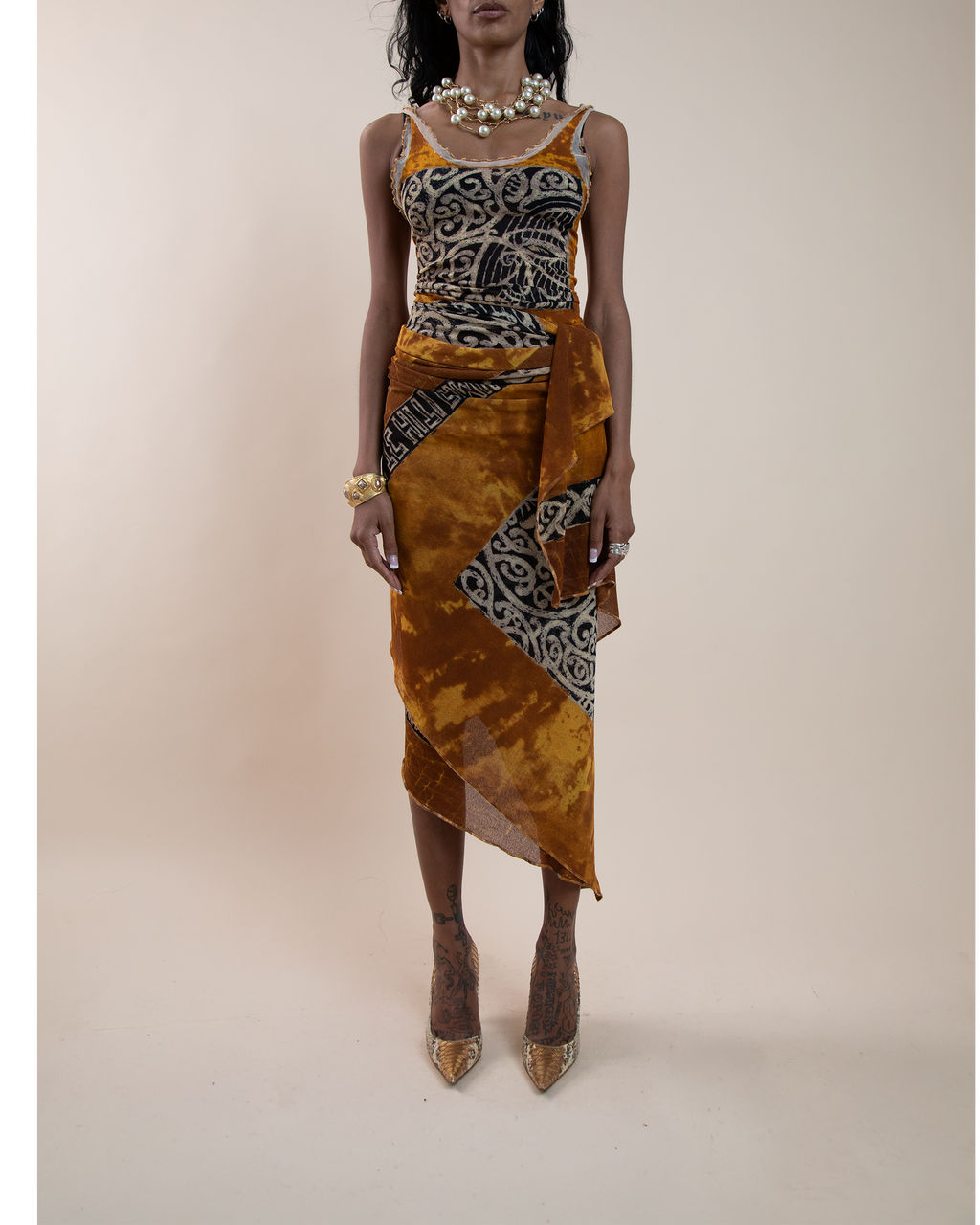 Jean Paul Gaultier Maille "Les Tatouages" oceanic tattoo tank & sarong set