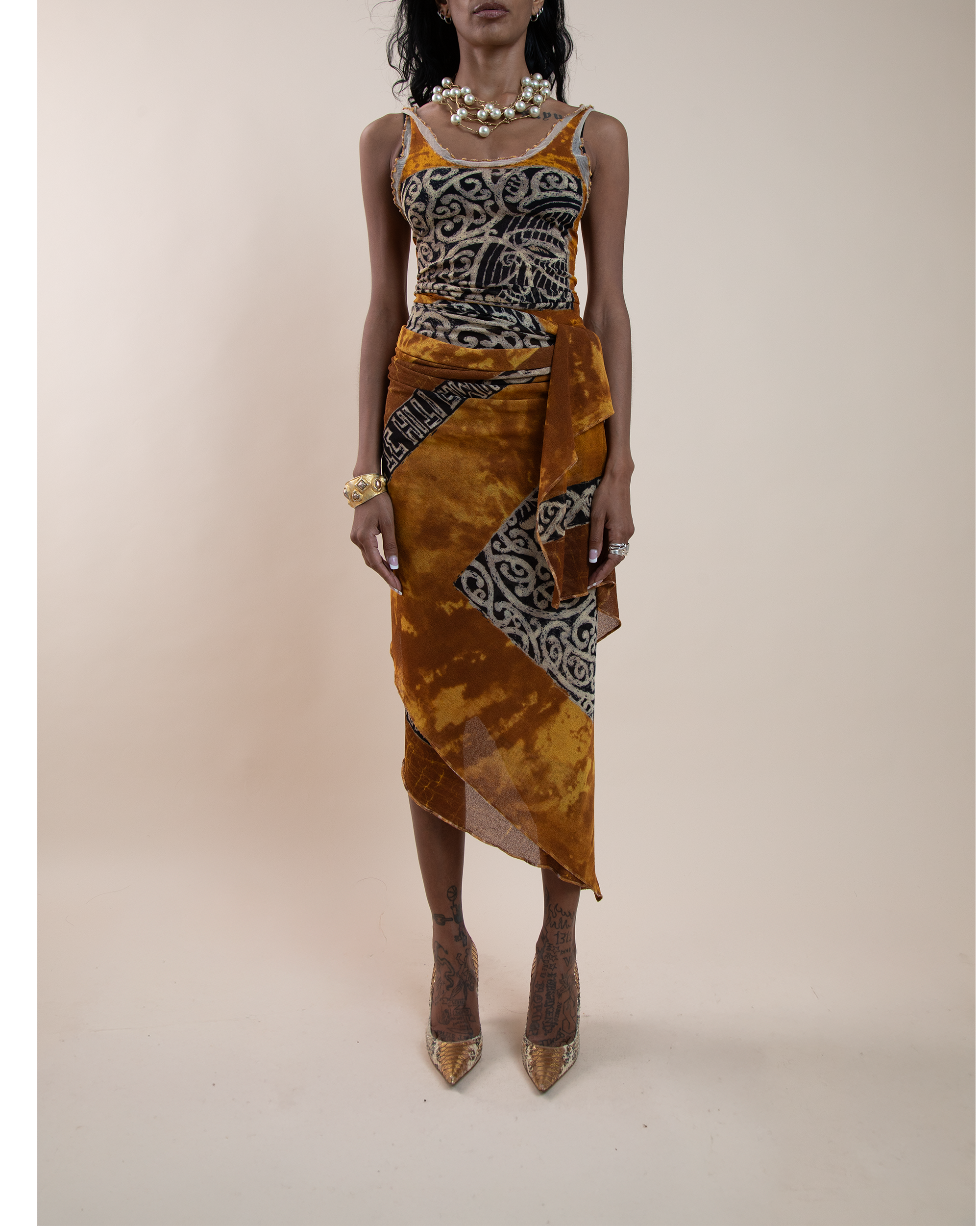 Jean Paul Gaultier Maille "Les Tatouages" oceanic tattoo tank & sarong set