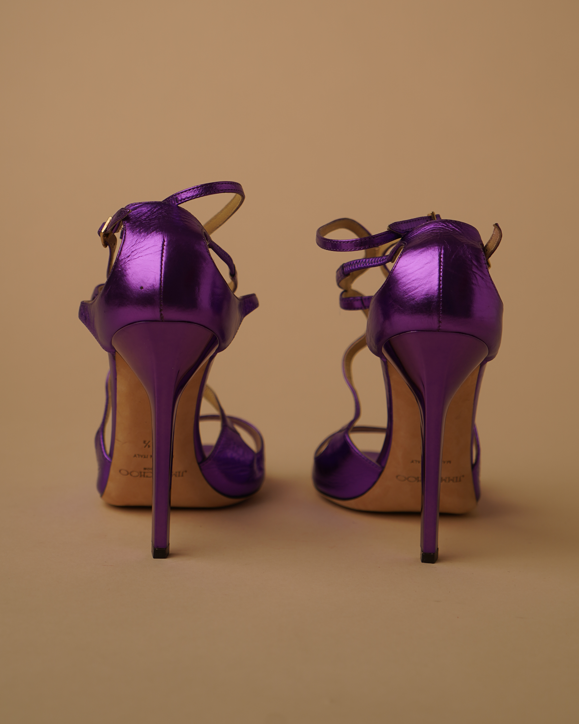 Jimmy Choo metallic purple sandal heels.