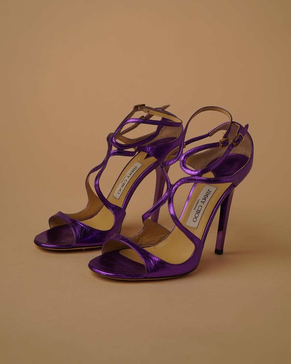 Jimmy Choo metallic purple sandal heels.