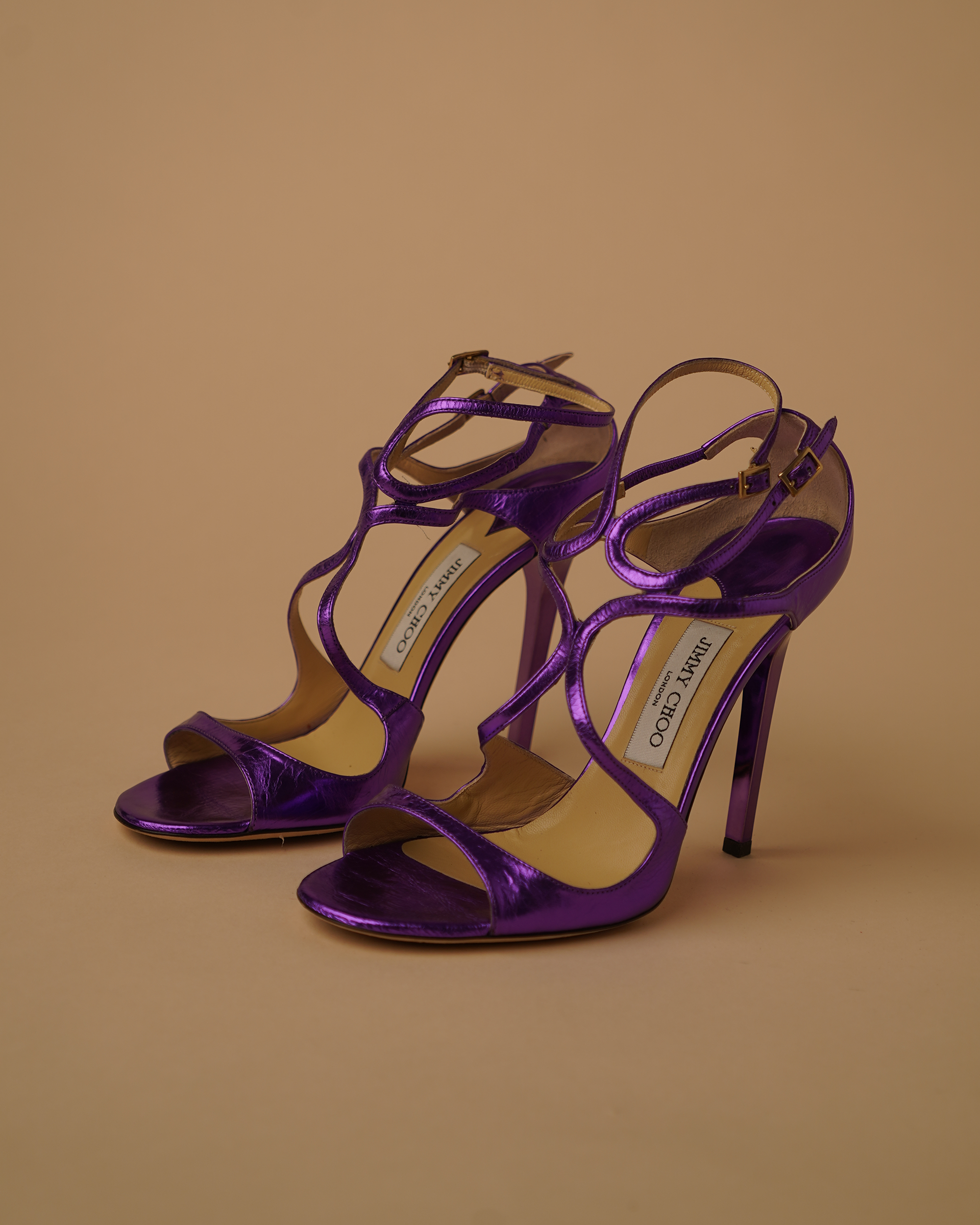 Jimmy Choo metallic purple sandal heels.