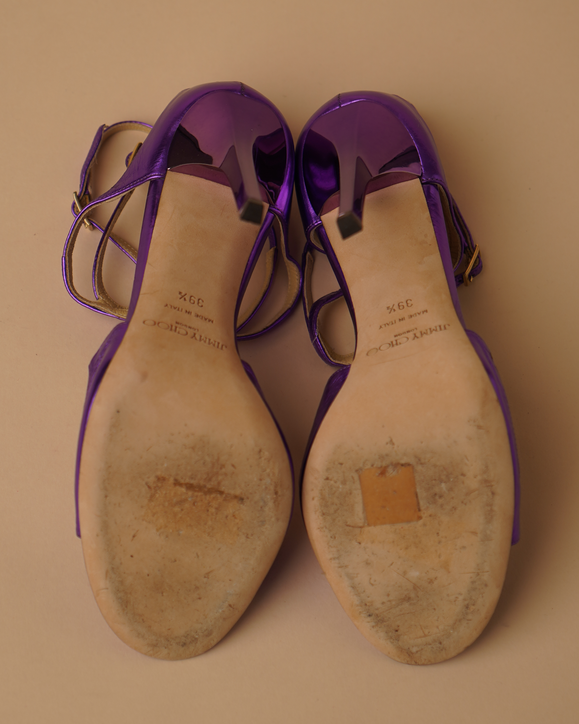 Jimmy Choo metallic purple sandal heels.