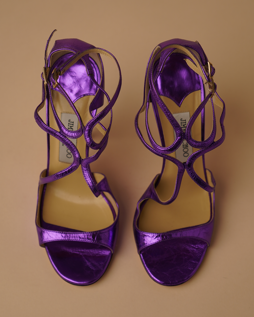 Jimmy Choo metallic purple sandal heels.