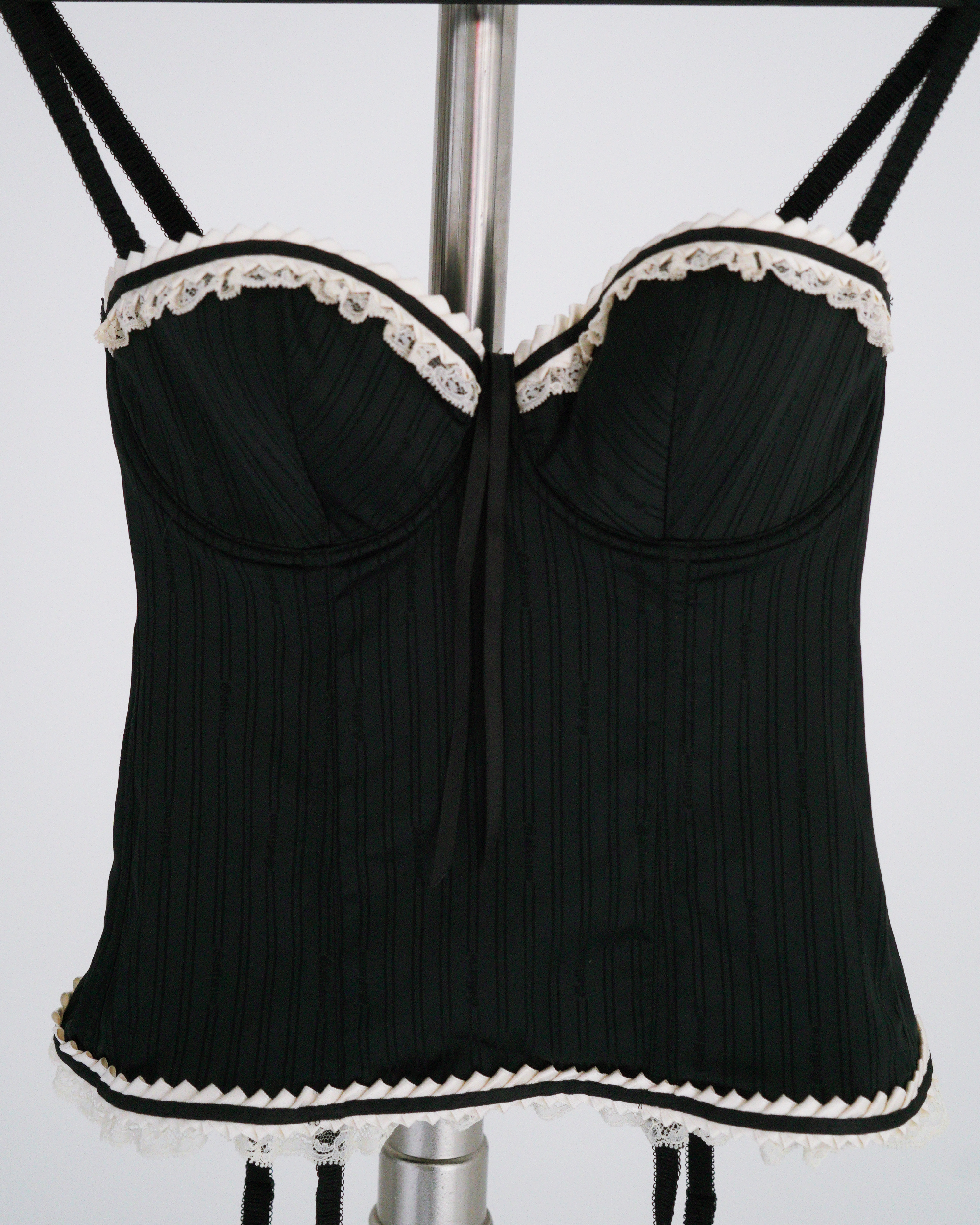 John Galliano Pinstripe Lace-Trim Bustier Top