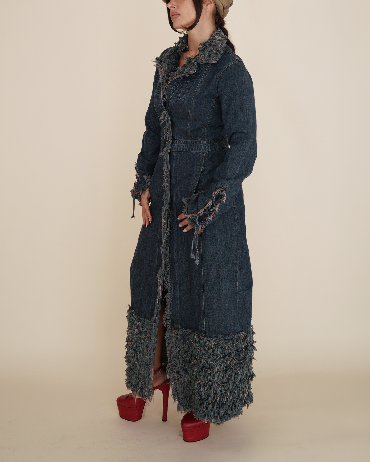 Y2K “Simply Wild” Shag-Fringe Distressed Denim Duster Coat