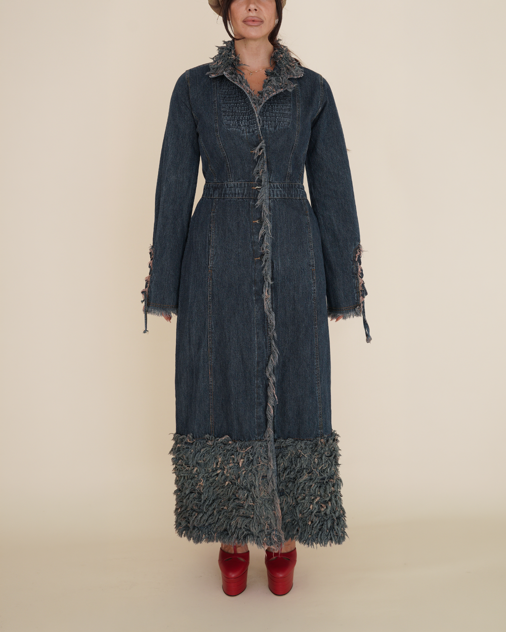 Y2K “Simply Wild” Shag-Fringe Distressed Denim Duster Coat