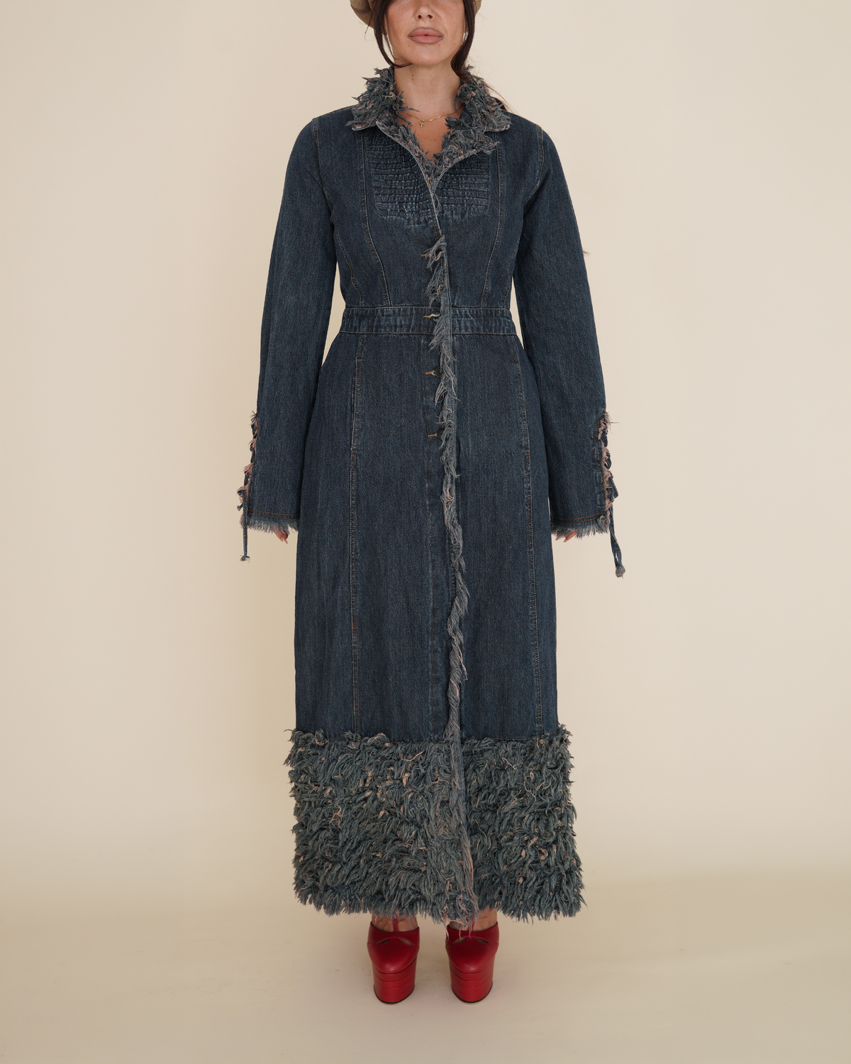 Y2K “Simply Wild” Shag-Fringe Distressed Denim Duster Coat