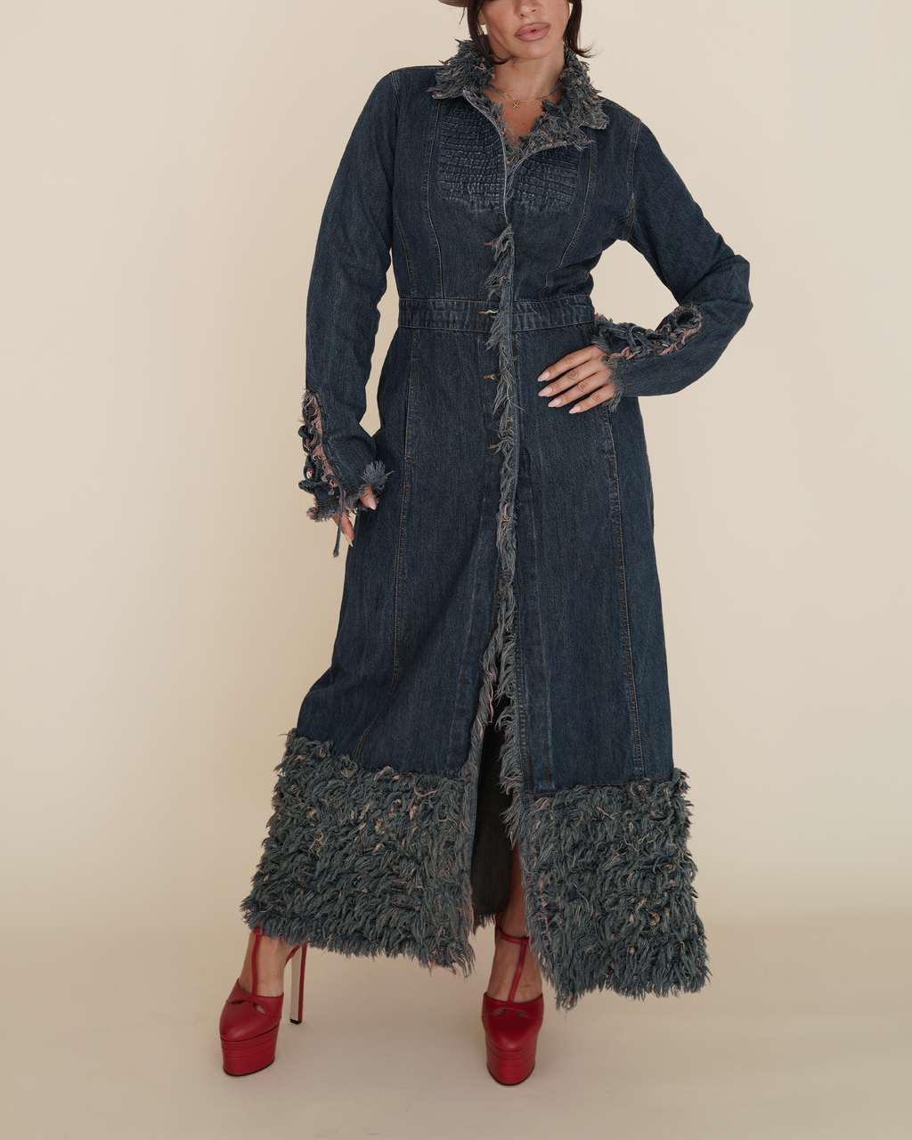 Y2K “Simply Wild” Shag-Fringe Distressed Denim Duster Coat