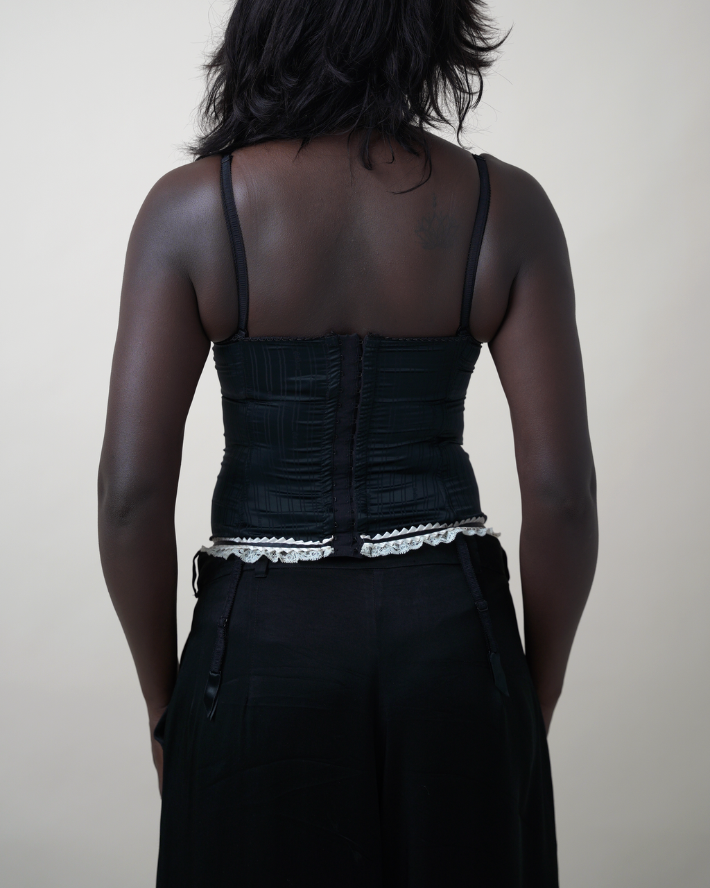 John Galliano Pinstripe Lace-Trim Bustier Top