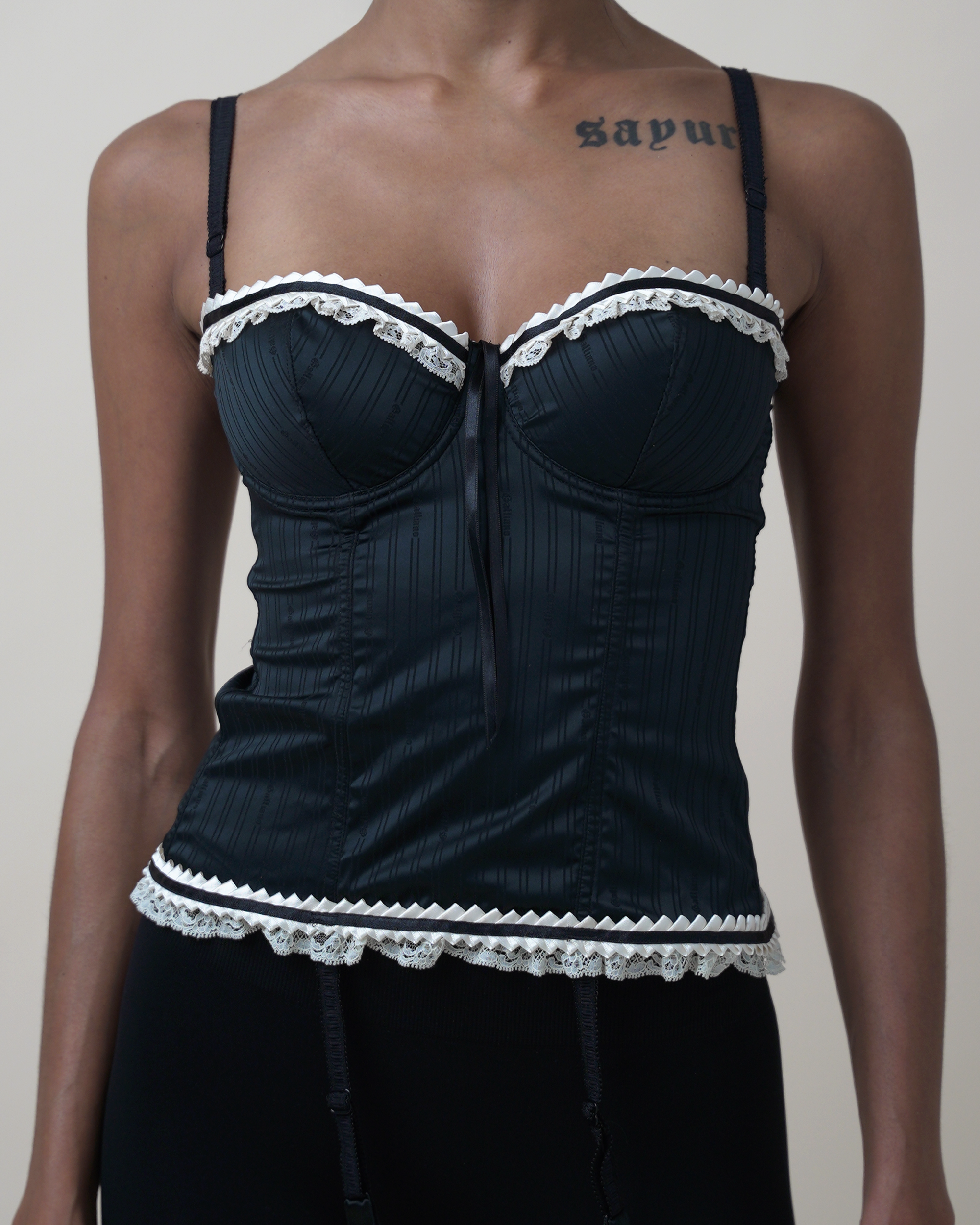 John Galliano Pinstripe Lace-Trim Bustier Top