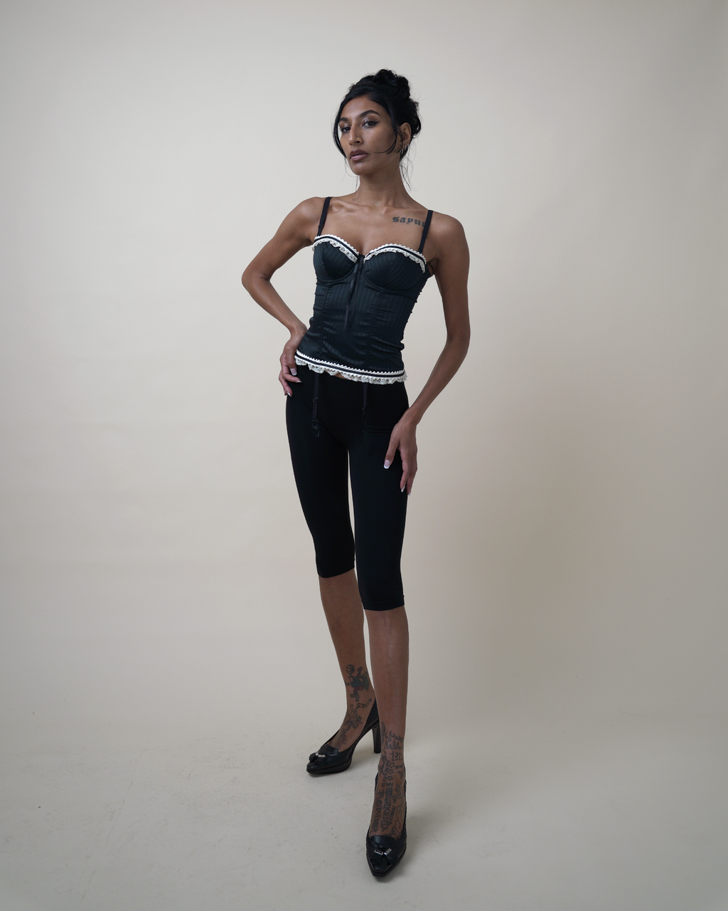 John Galliano Pinstripe Lace-Trim Bustier Top