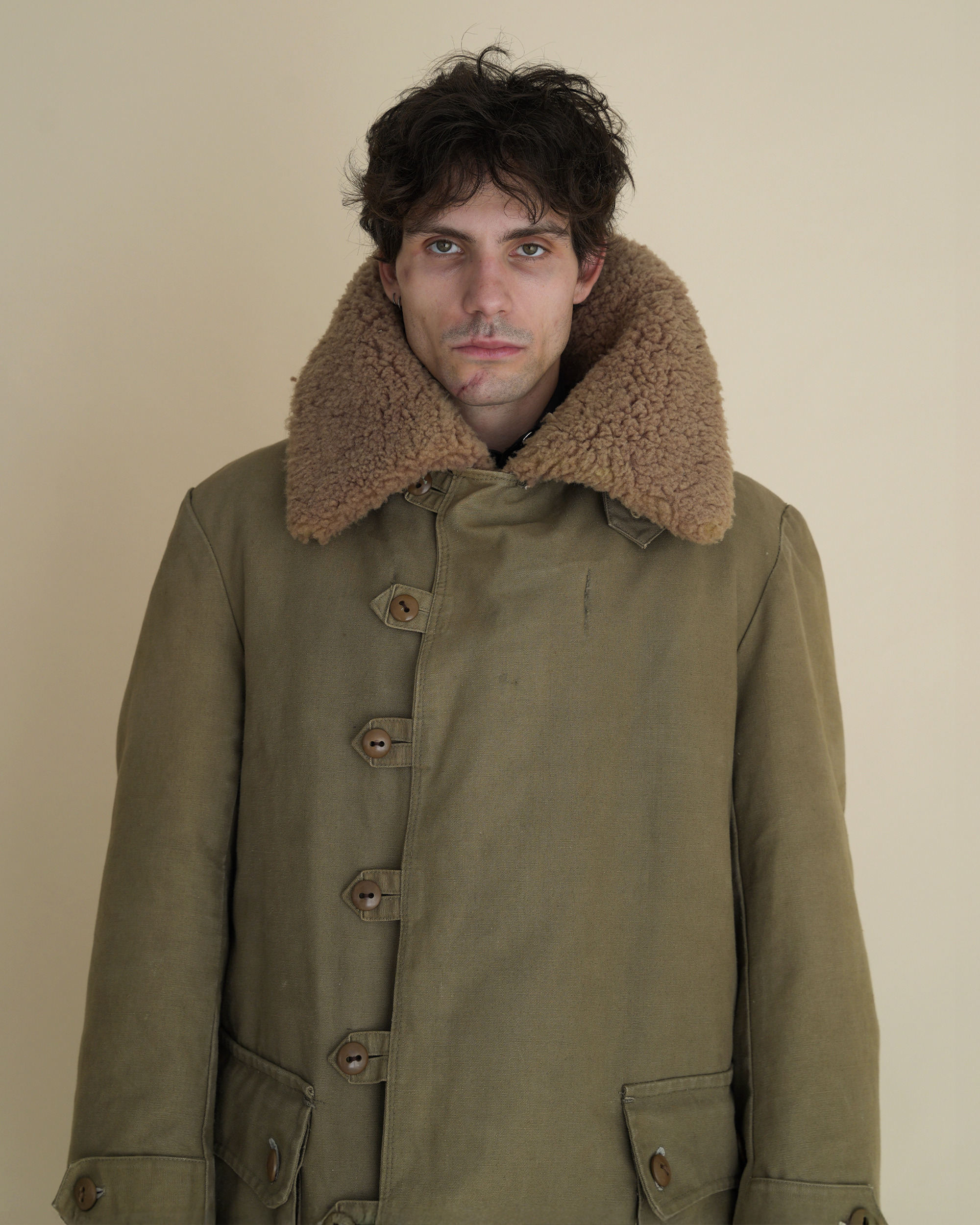 Vintage 1940s Swedish Army “Livpäls” Sheepskin-Lined Field Coat