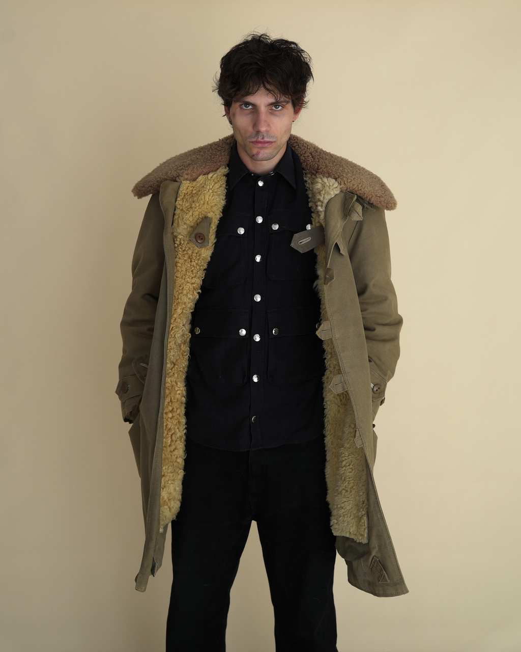 Vintage 1940s Swedish Army “Livpäls” Sheepskin-Lined Field Coat