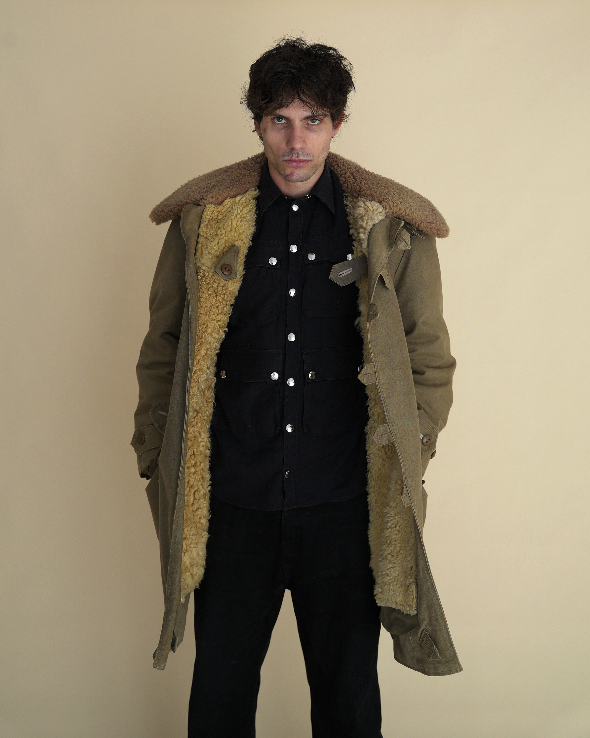 Vintage 1940s Swedish Army “Livpäls” Sheepskin-Lined Field Coat