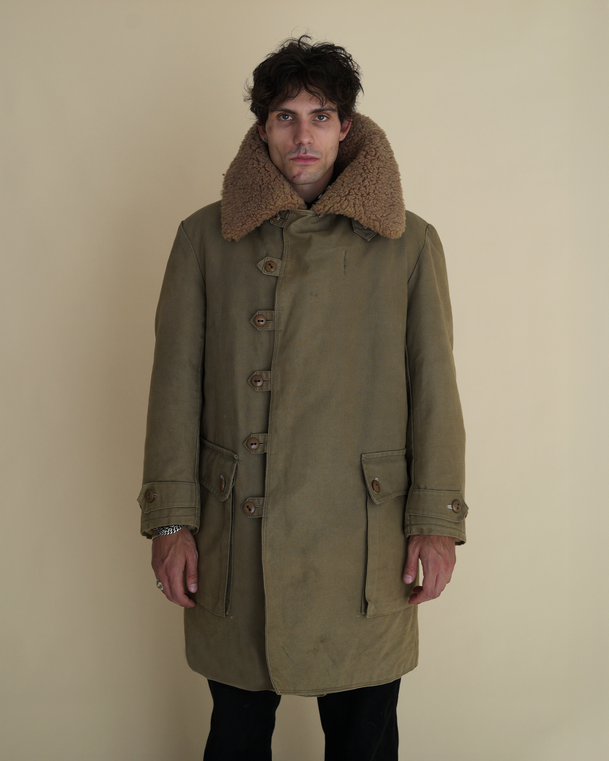Vintage 1940s Swedish Army “Livpäls” Sheepskin-Lined Field Coat