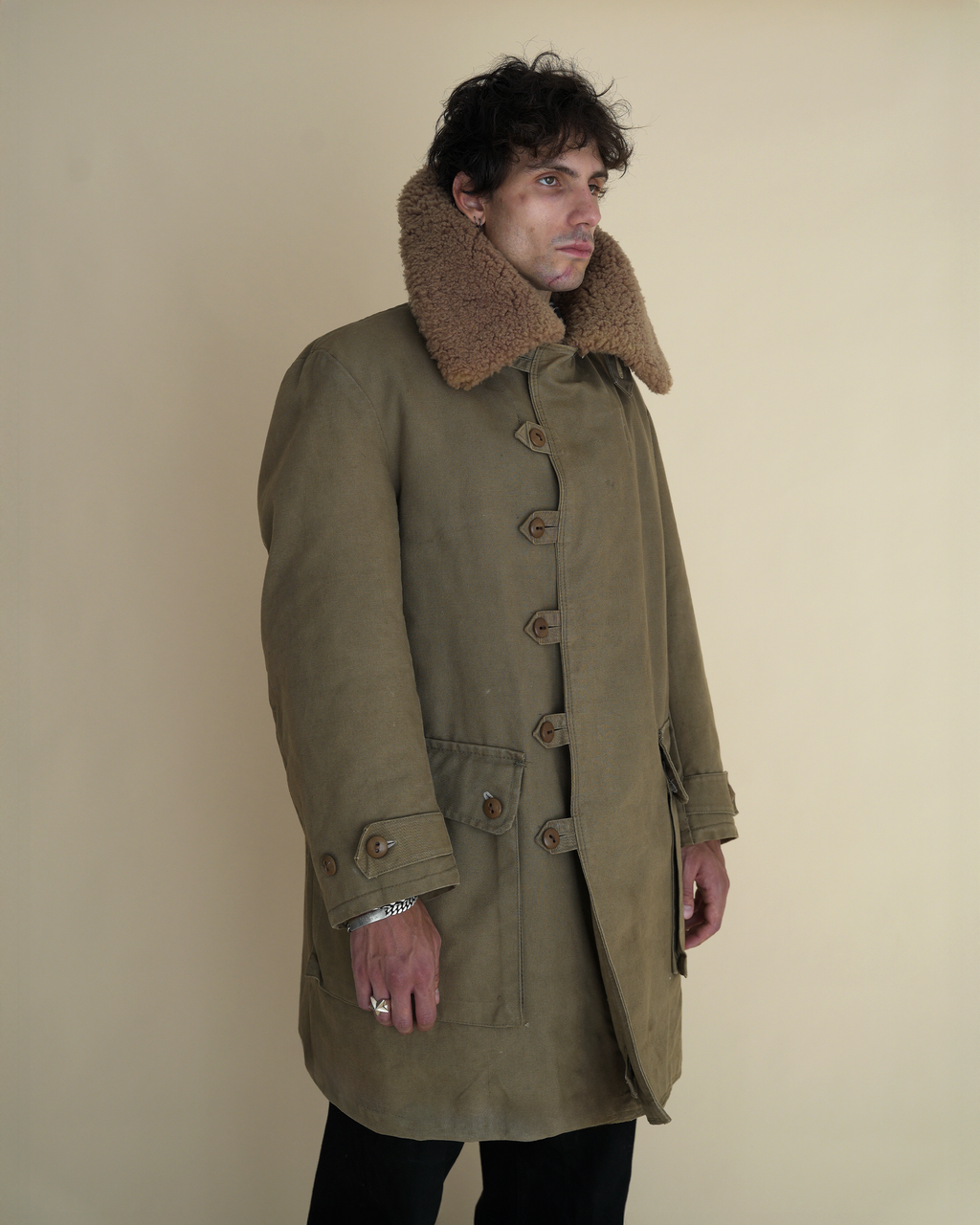 Vintage 1940s Swedish Army “Livpäls” Sheepskin-Lined Field Coat