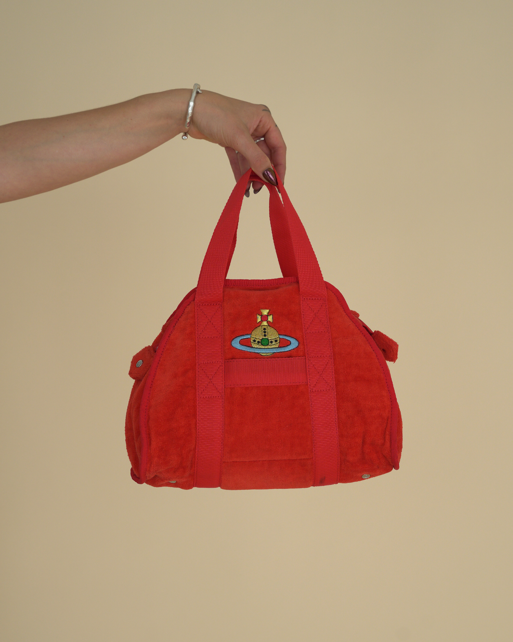 Vivienne Westwood 1990's Red Chenille Orb Bowling Bag