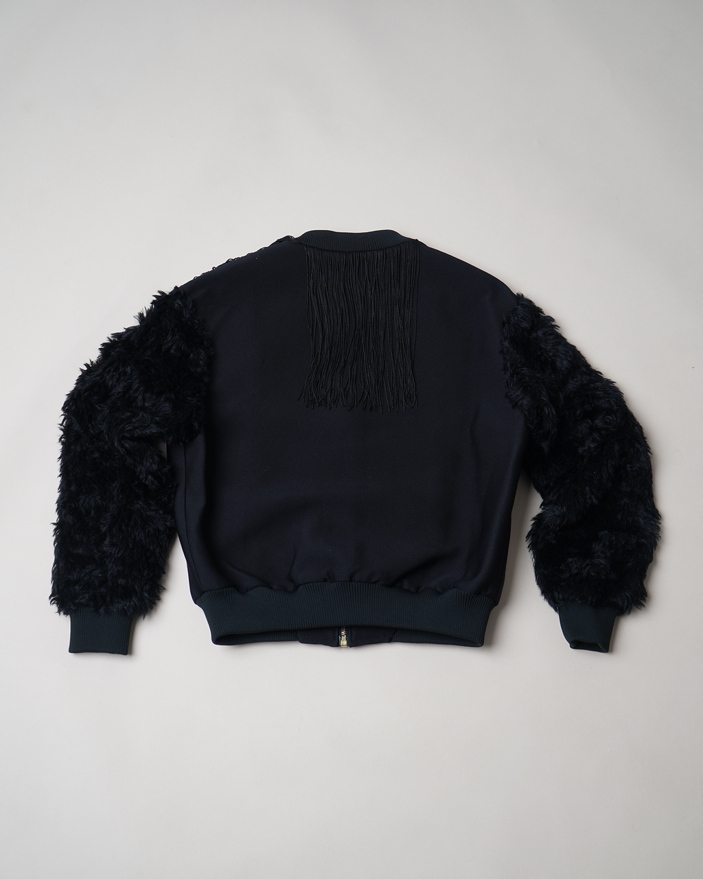 Walk of Shame Beaded & Chenille Fringe Faux Fur Sleeve Bomber Jacket