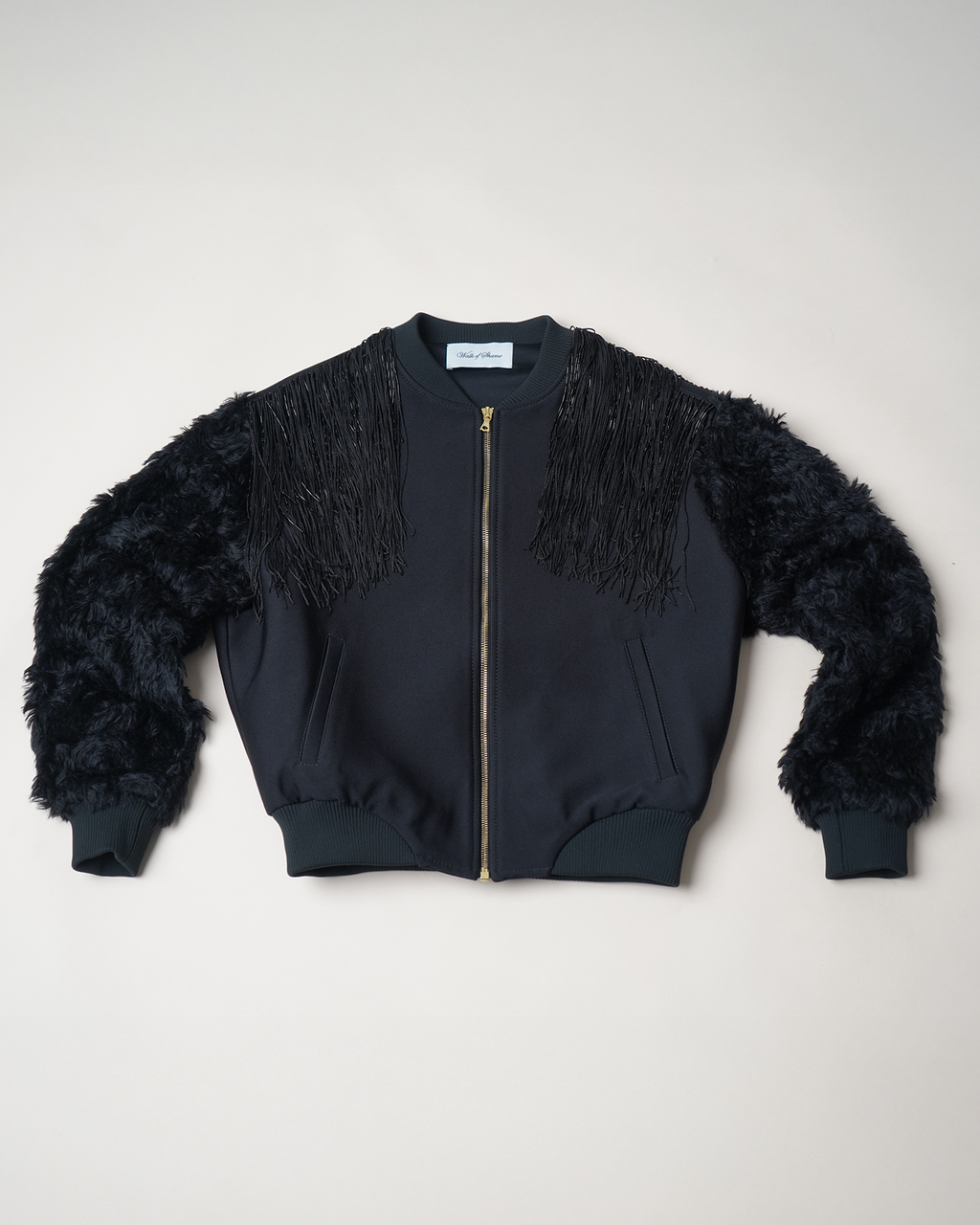 Walk of Shame Beaded & Chenille Fringe Faux Fur Sleeve Bomber Jacket