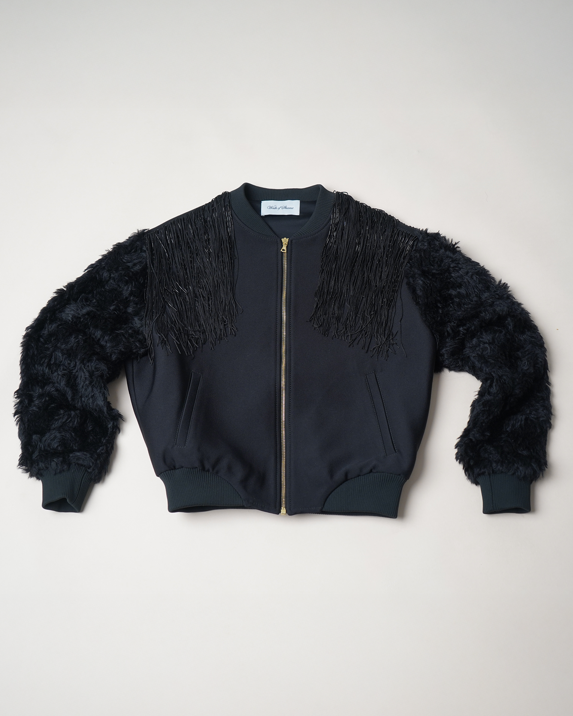 Walk of Shame Beaded & Chenille Fringe Faux Fur Sleeve Bomber Jacket