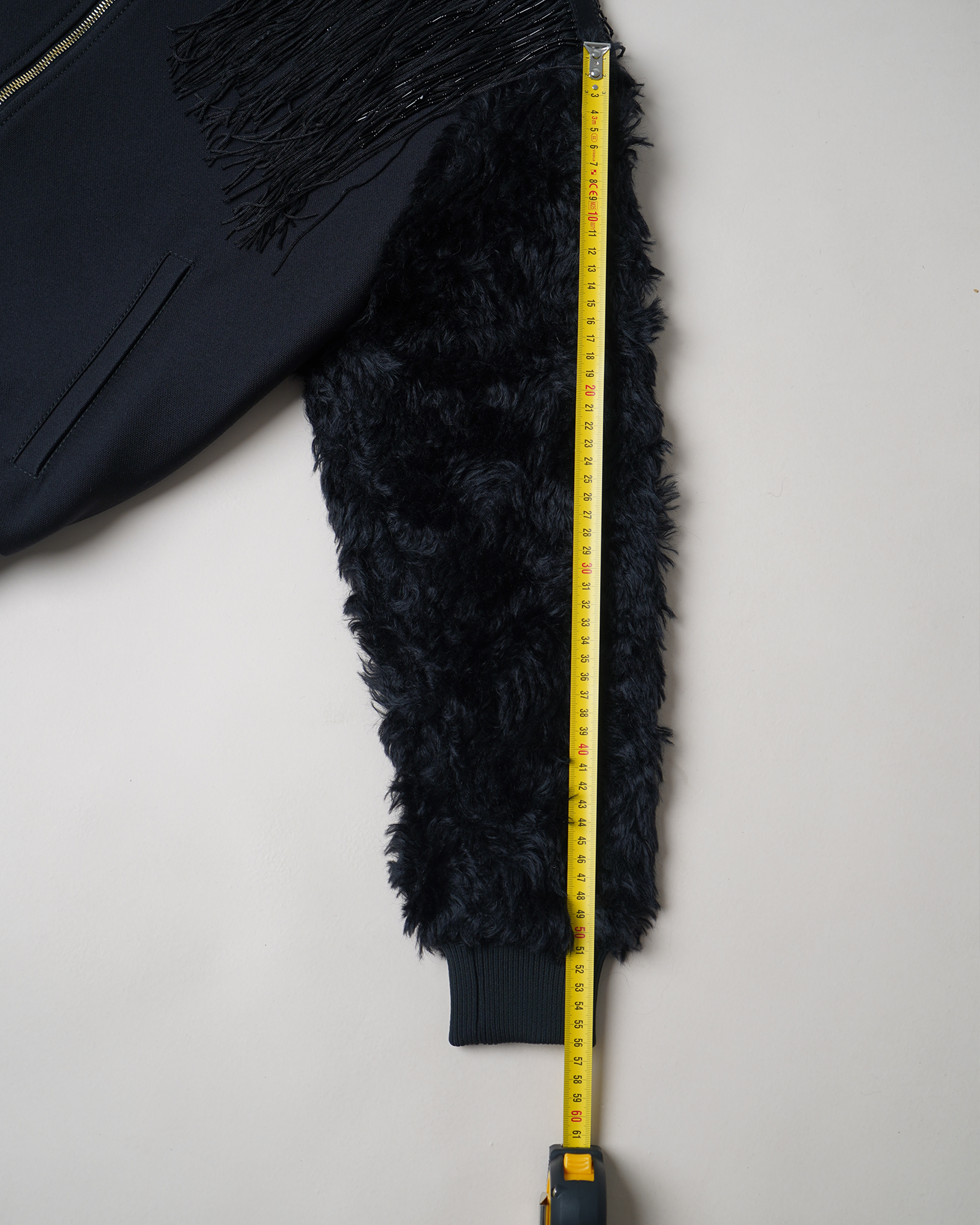 Walk of Shame Beaded & Chenille Fringe Faux Fur Sleeve Bomber Jacket