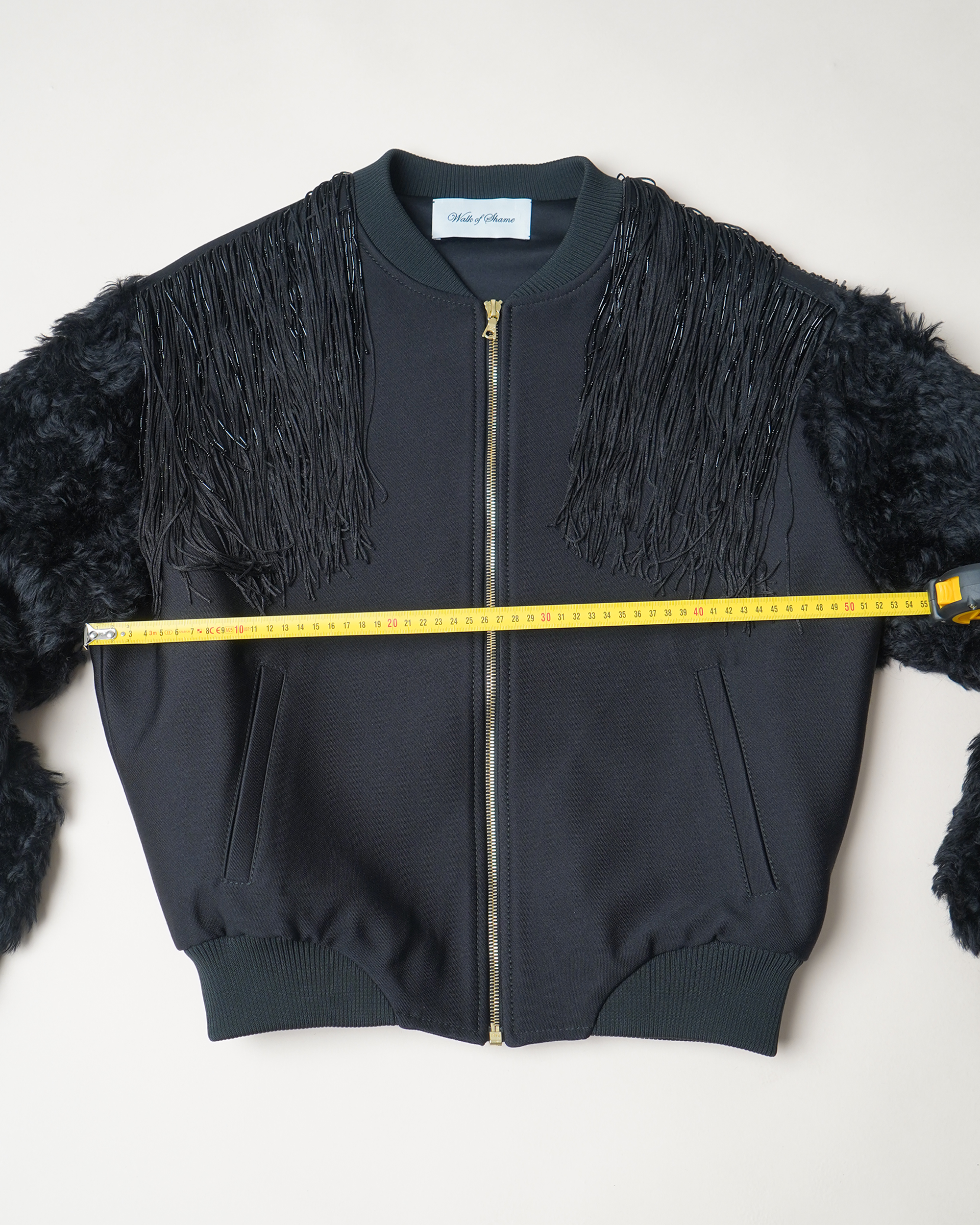 Walk of Shame Beaded & Chenille Fringe Faux Fur Sleeve Bomber Jacket
